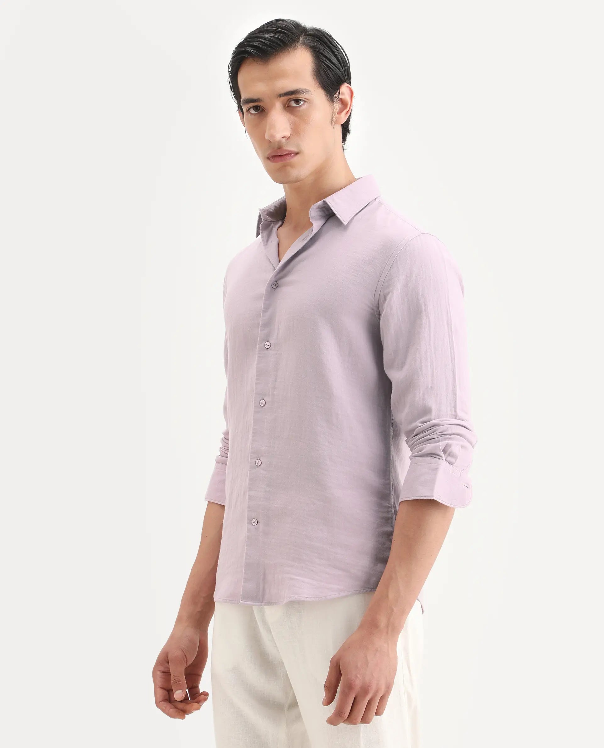 Rare Rabbit Men's Layerr-Ls Pastel Purple Cotton Fabric Full Sleeve Spread Collar Regular Fit Plain Shirt