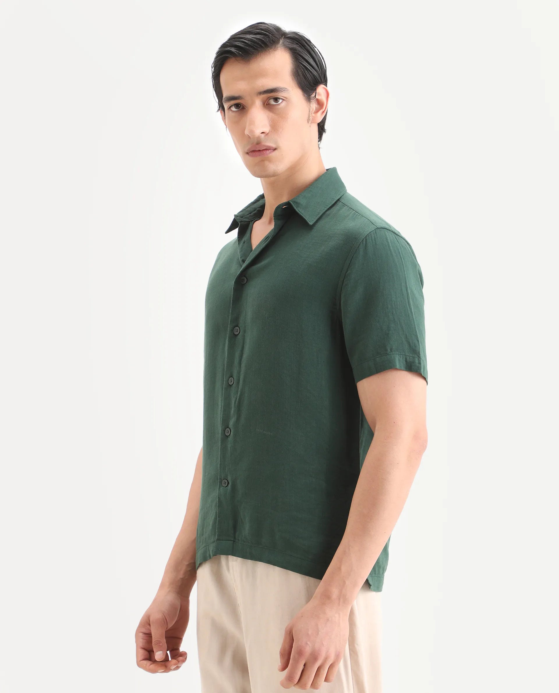 Rare Rabbit Men's Layerr Ss Green Cotton Blend Plain Boxy Fit Full Sleeve Collared Shirt