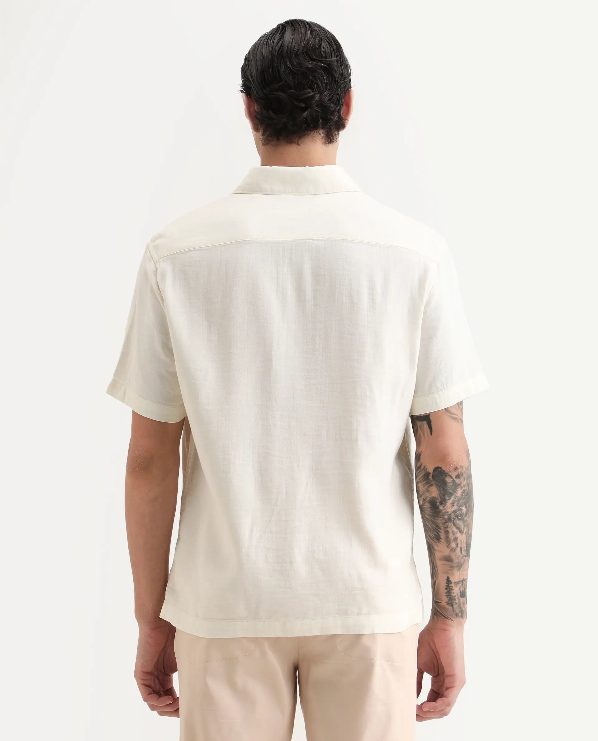 Rare Rabbit Men's Layerr Ss Light Beige Cotton Blend Plain Boxy Fit Full Sleeve Collared Shirt