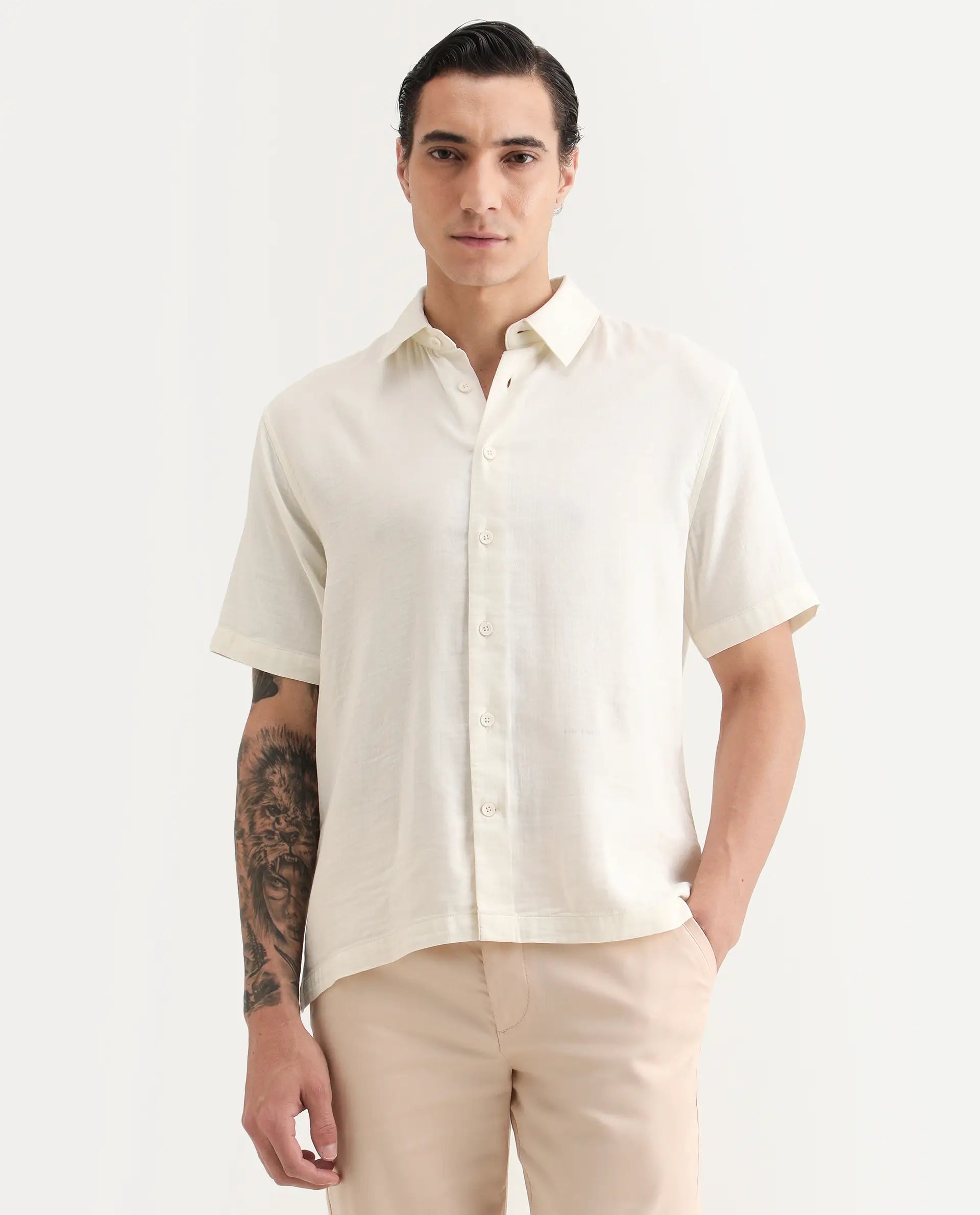 Rare Rabbit Men's Layerr Ss Light Beige Cotton Blend Plain Boxy Fit Full Sleeve Collared Shirt