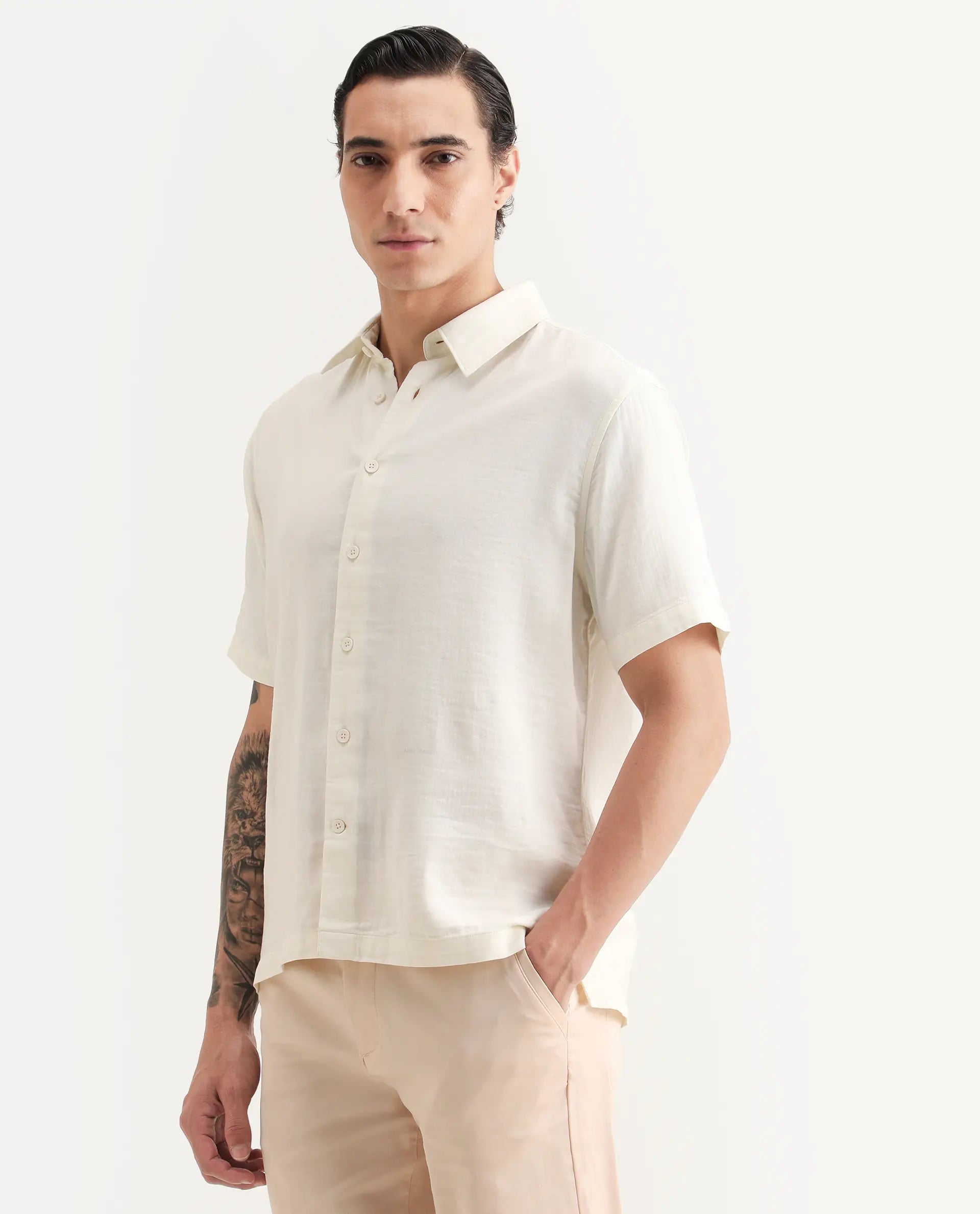 Rare Rabbit Men's Layerr Ss Light Beige Cotton Blend Plain Boxy Fit Full Sleeve Collared Shirt