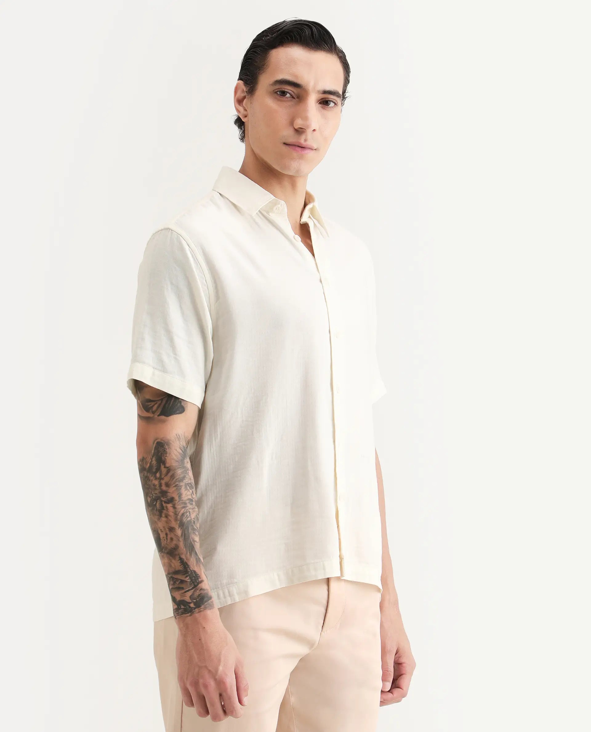 Rare Rabbit Men's Layerr Ss Light Beige Cotton Blend Plain Boxy Fit Full Sleeve Collared Shirt