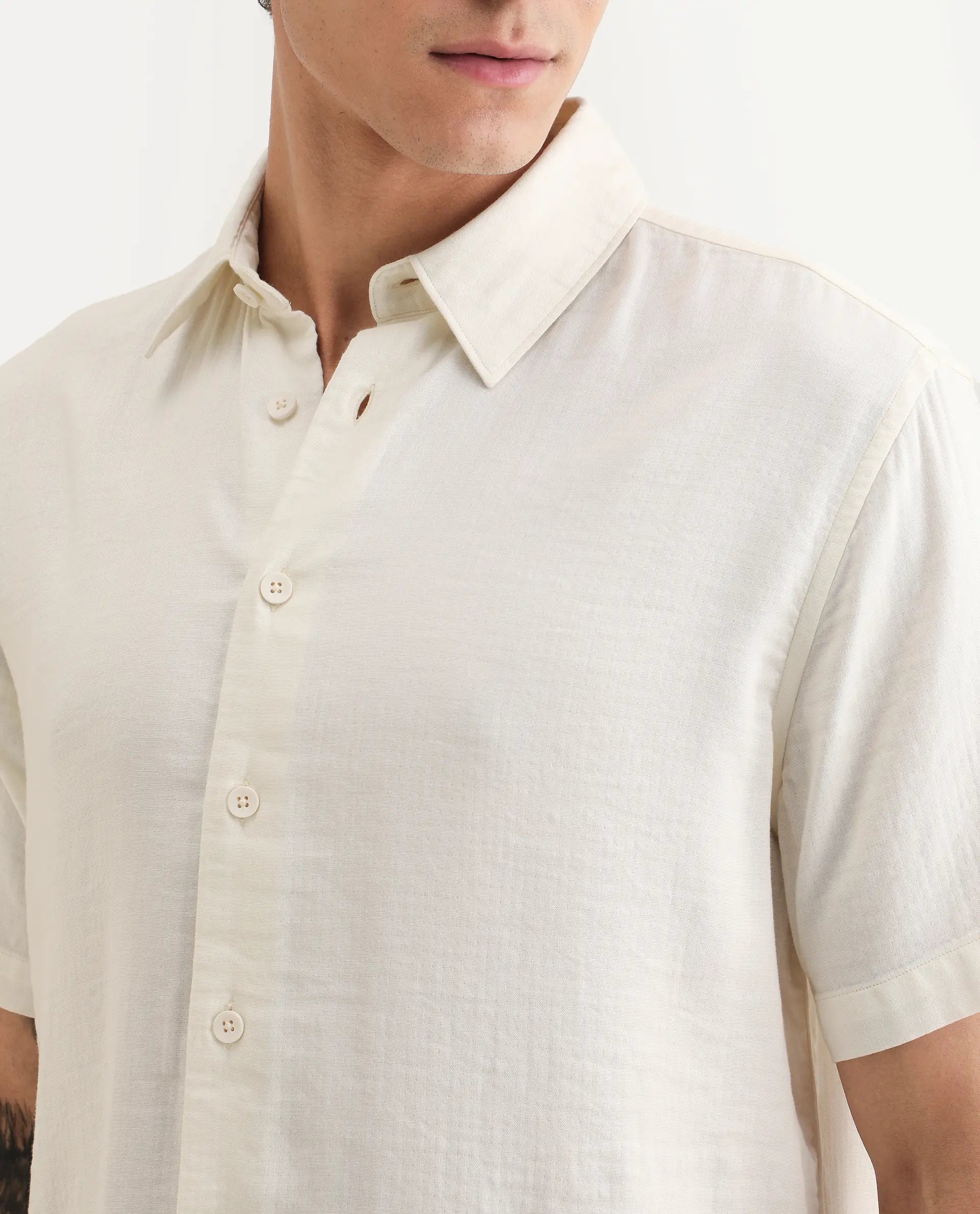 Rare Rabbit Men's Layerr Ss Light Beige Cotton Blend Plain Boxy Fit Full Sleeve Collared Shirt