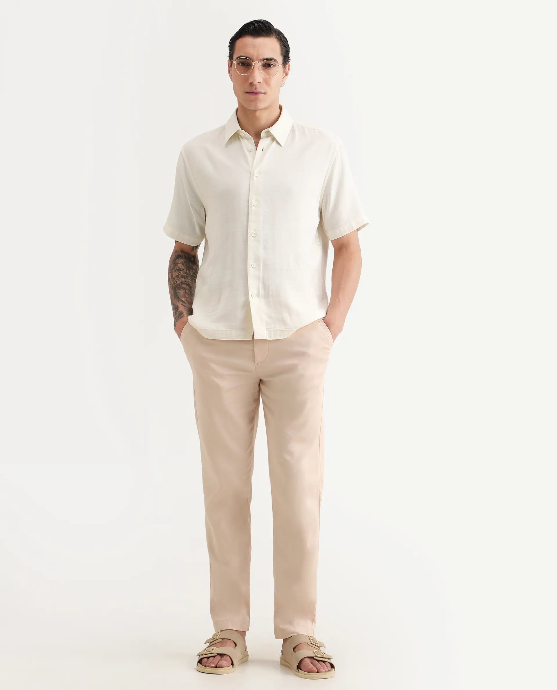 Rare Rabbit Men's Layerr Ss Light Beige Cotton Blend Plain Boxy Fit Full Sleeve Collared Shirt