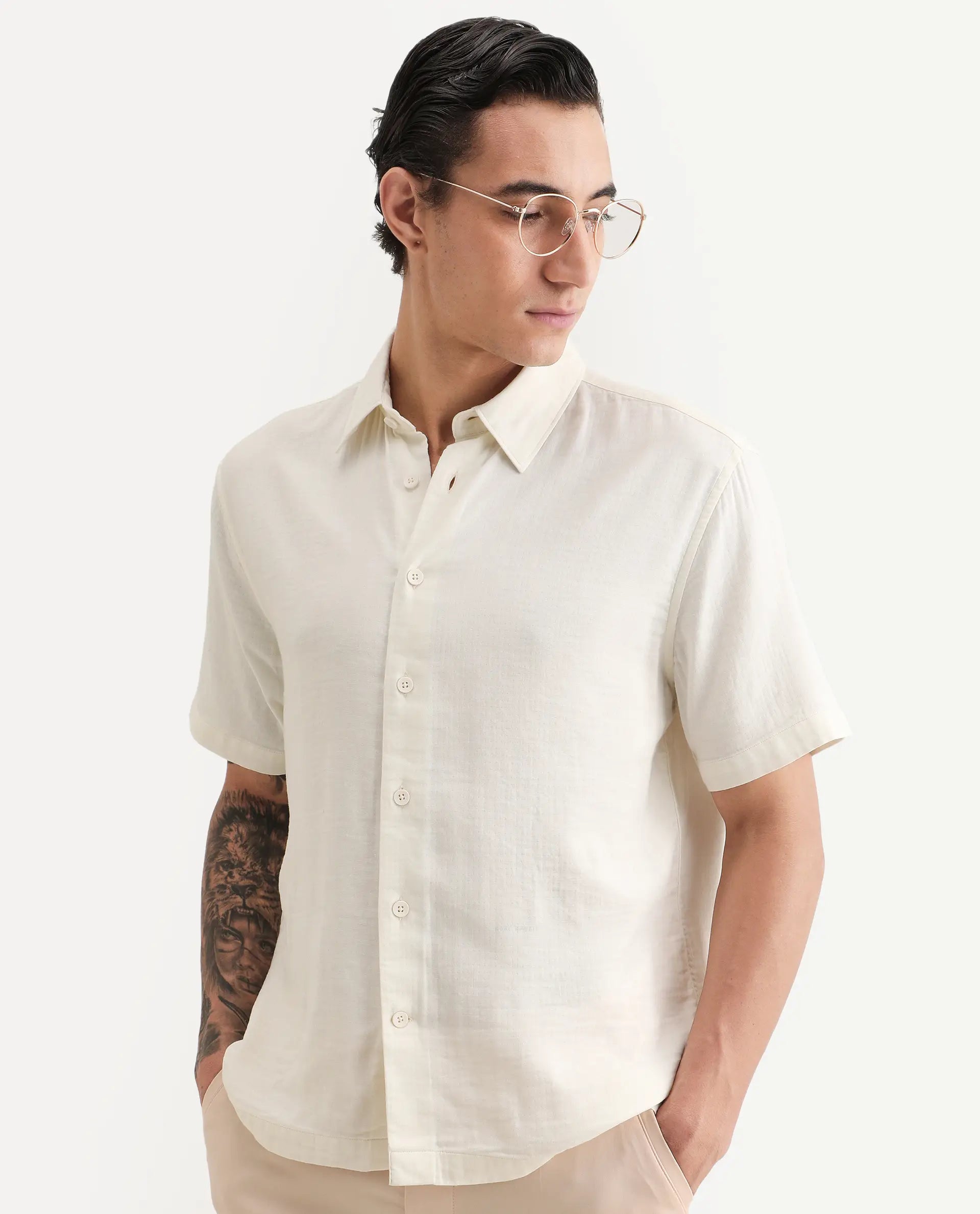 Rare Rabbit Men's Layerr Ss Light Beige Cotton Blend Plain Boxy Fit Full Sleeve Collared Shirt