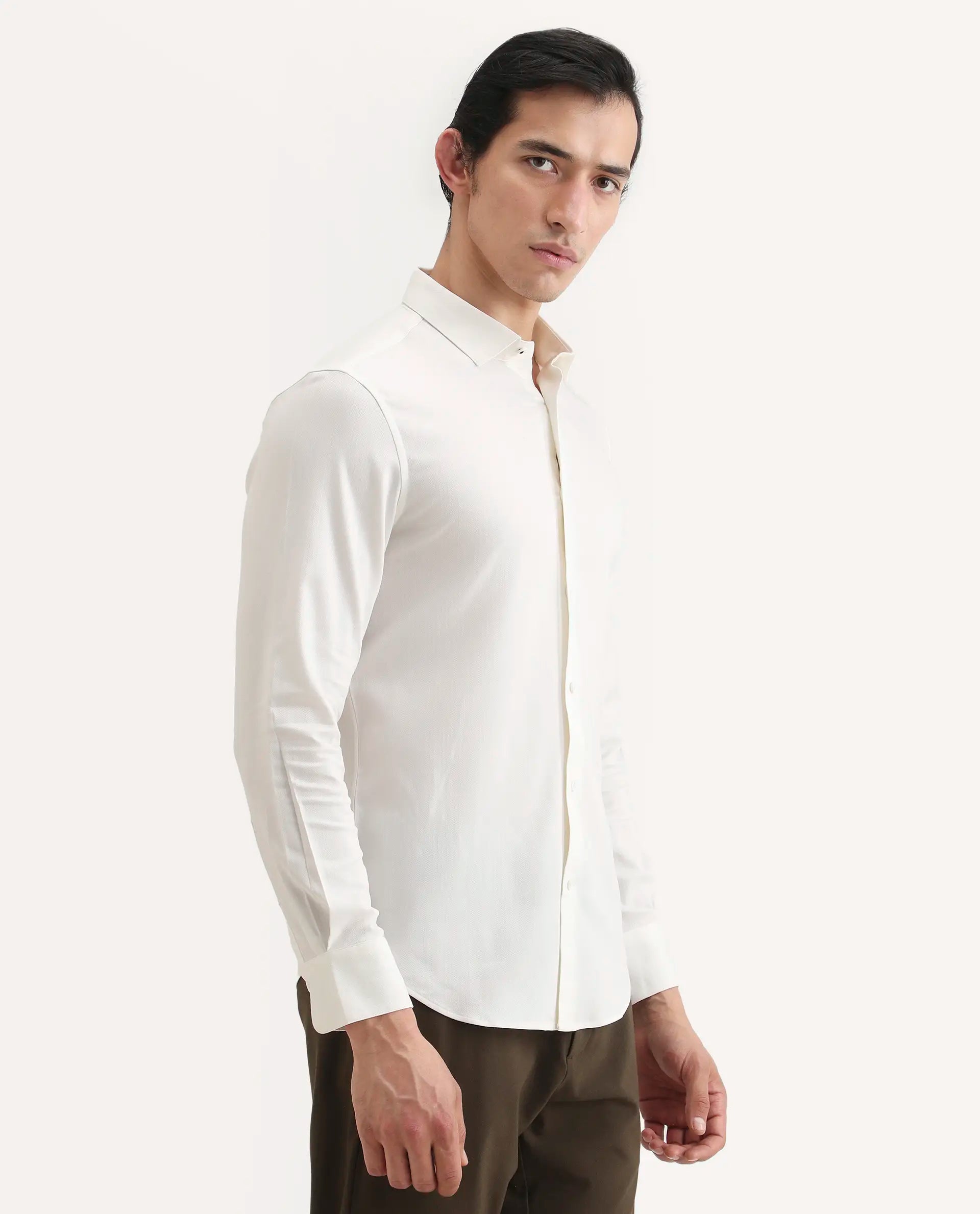 Rare Rabbit Men's Mer-Ss26 White Viscose Blend Fabric Full Sleeve Spread Collar Regular Fit Plain Shirt