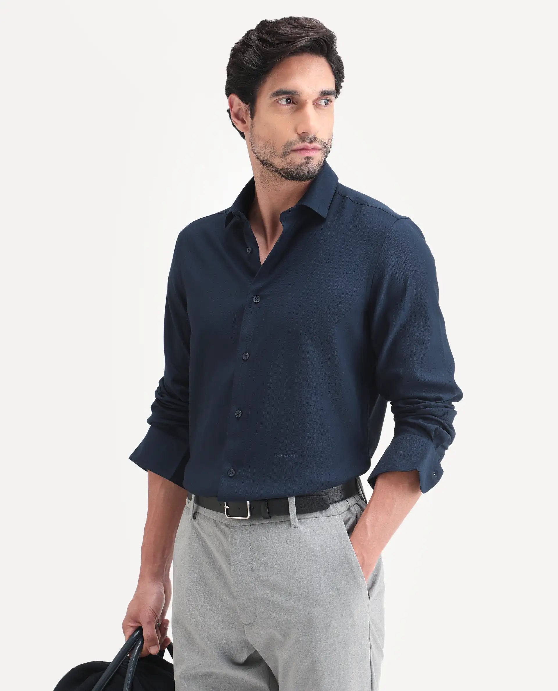 Rare Rabbit Men's Mer-Ss26 Navy Viscose Blend Fabric Full Sleeve Spread Collar Regular Fit Plain Shirt