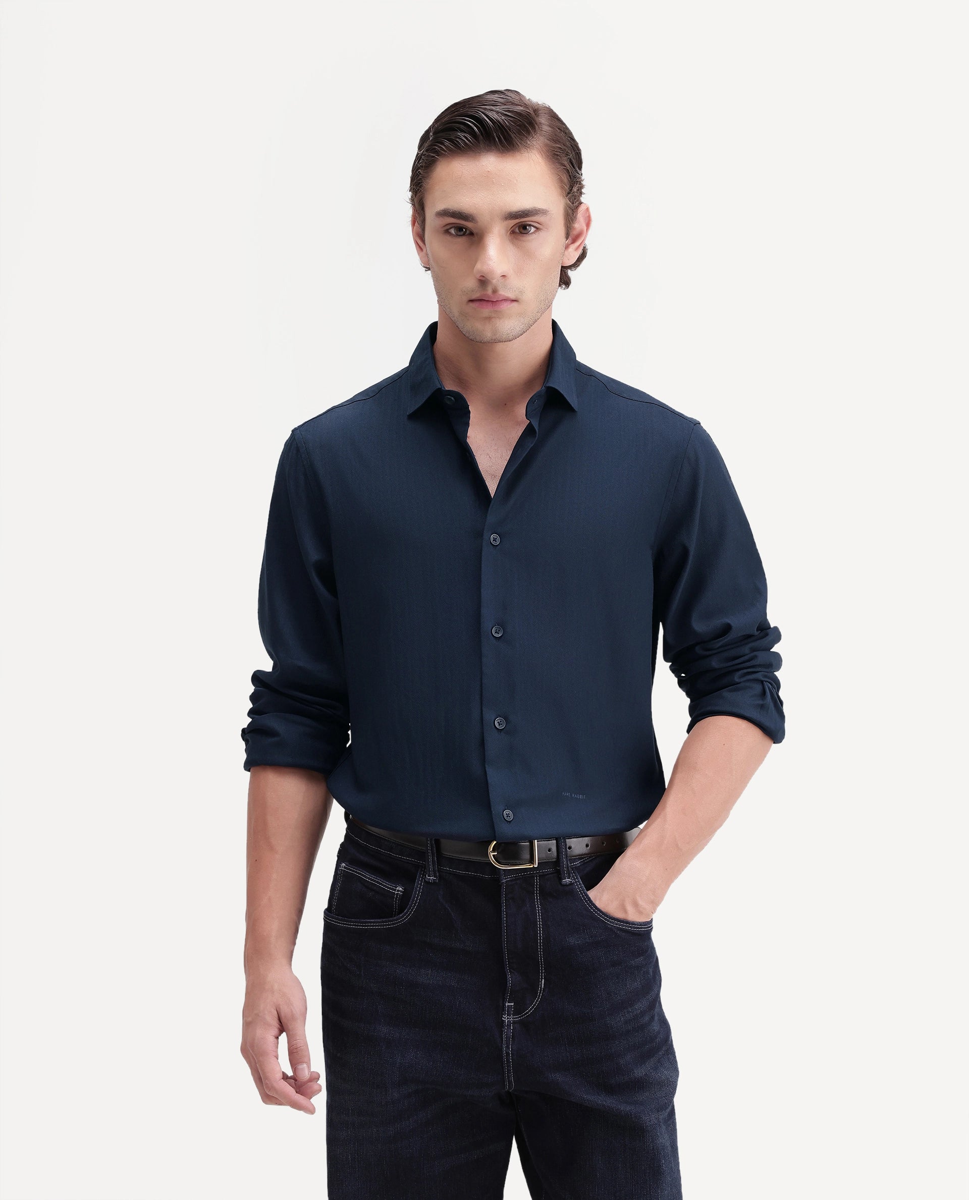 Rare Rabbit Men's Mer-Ss26 Navy Viscose Blend Fabric Full Sleeve Spread Collar Regular Fit Plain Shirt