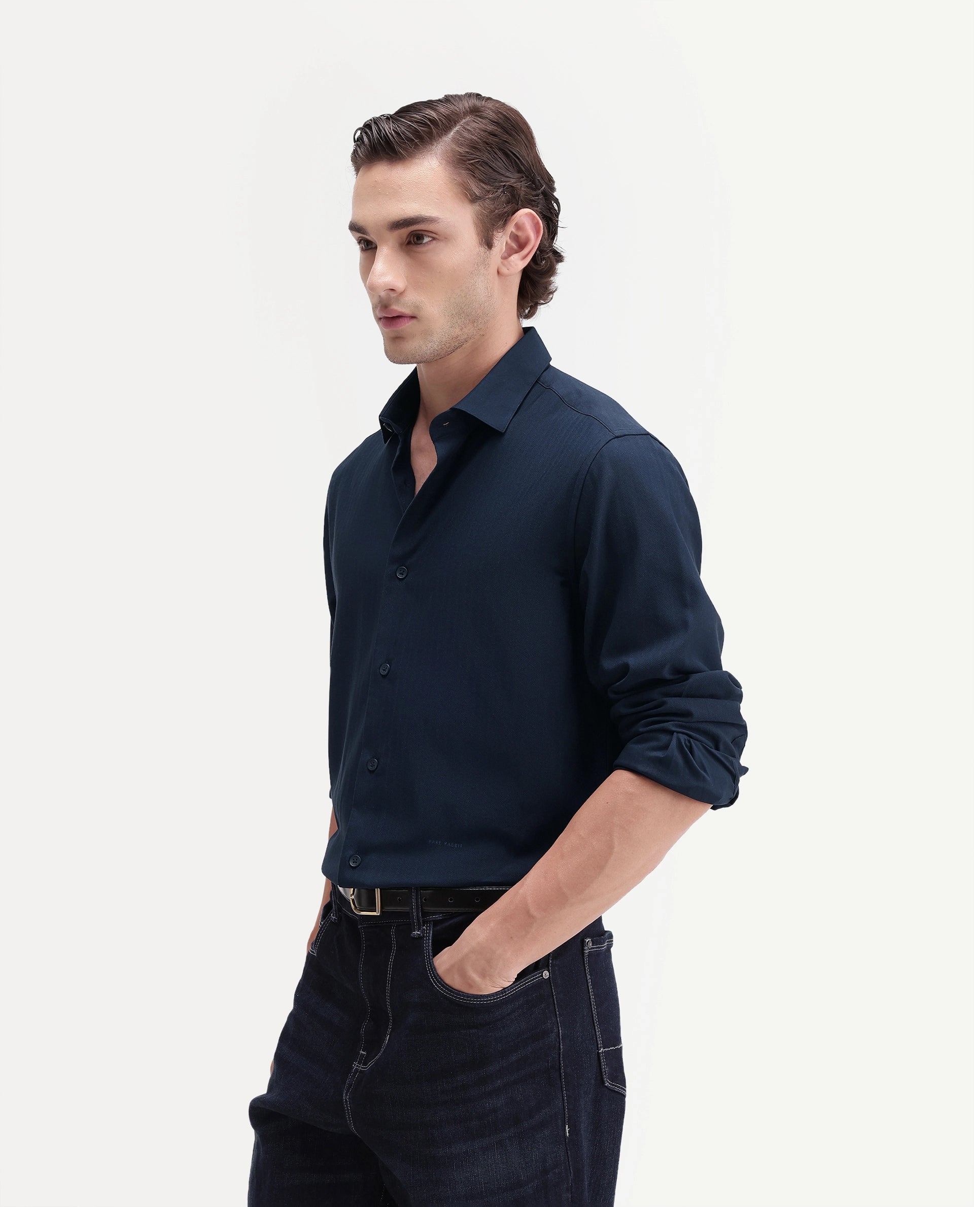Rare Rabbit Men's Mer-Ss26 Navy Viscose Blend Fabric Full Sleeve Spread Collar Regular Fit Plain Shirt