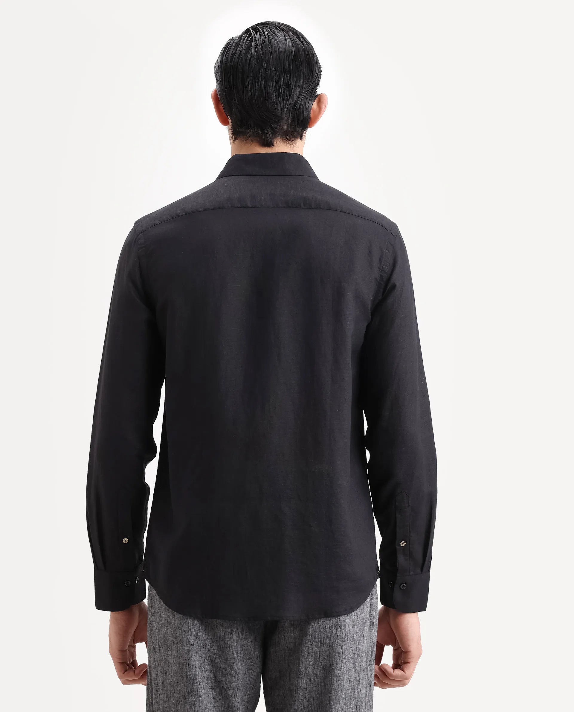 Rare Rabbit Men's Linex Ls Black Linen Blend Fabric Full Sleeve Spread Collar Regular Fit Plain Shirt