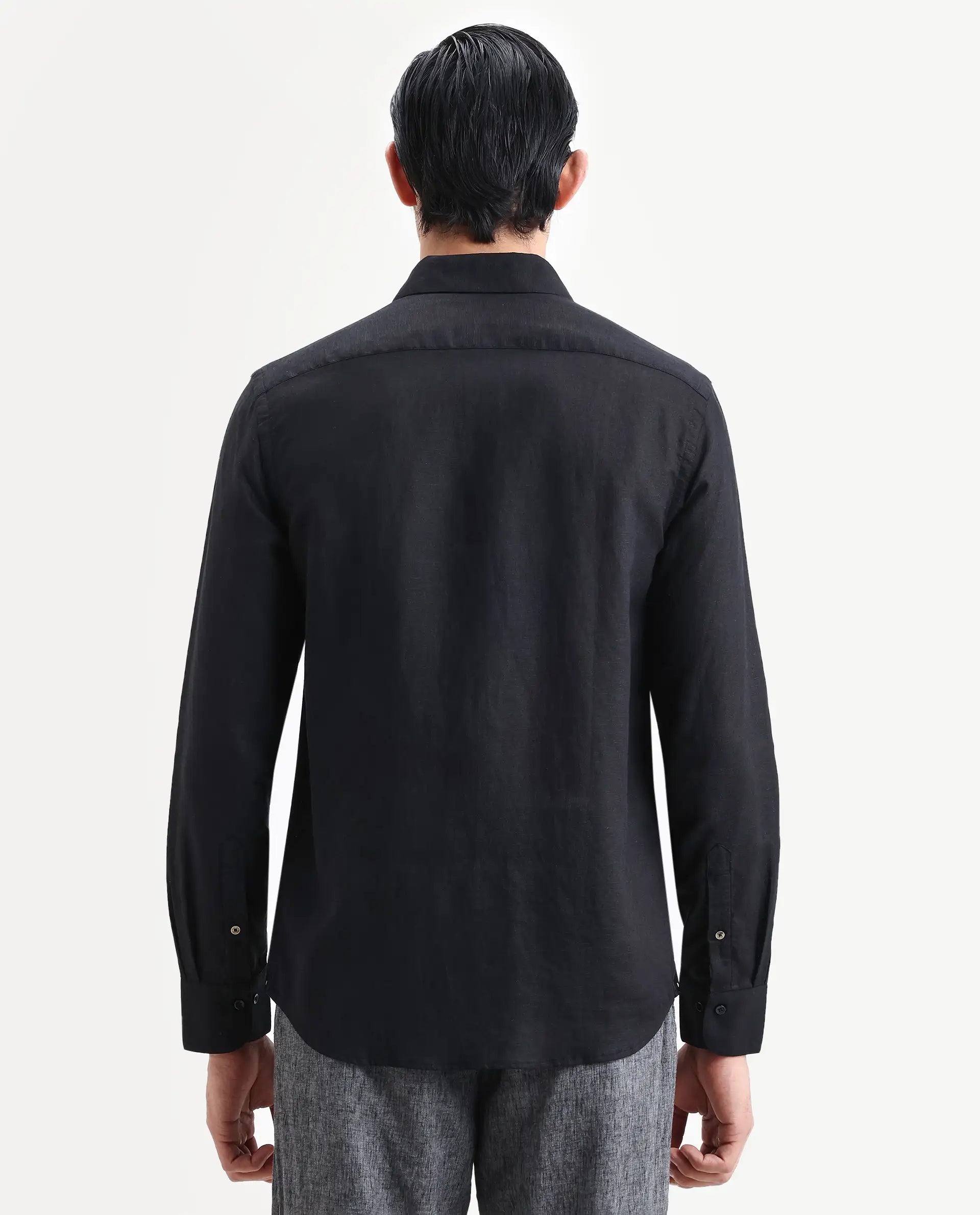 Rare Rabbit Men's Linex Ls Black Linen Blend Fabric Full Sleeve Spread Collar Regular Fit Plain Shirt