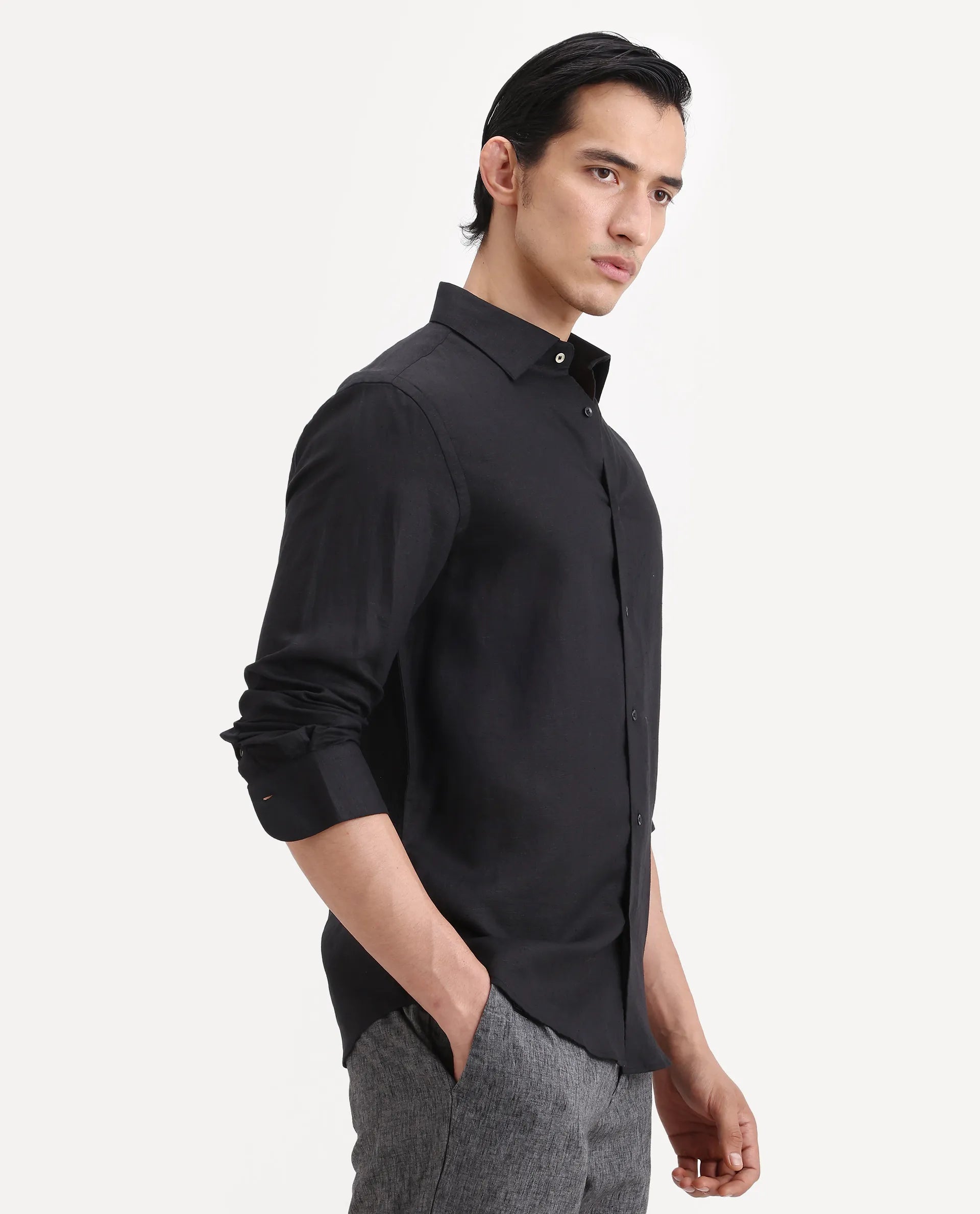 Rare Rabbit Men's Linex Ls Black Linen Blend Fabric Full Sleeve Spread Collar Regular Fit Plain Shirt