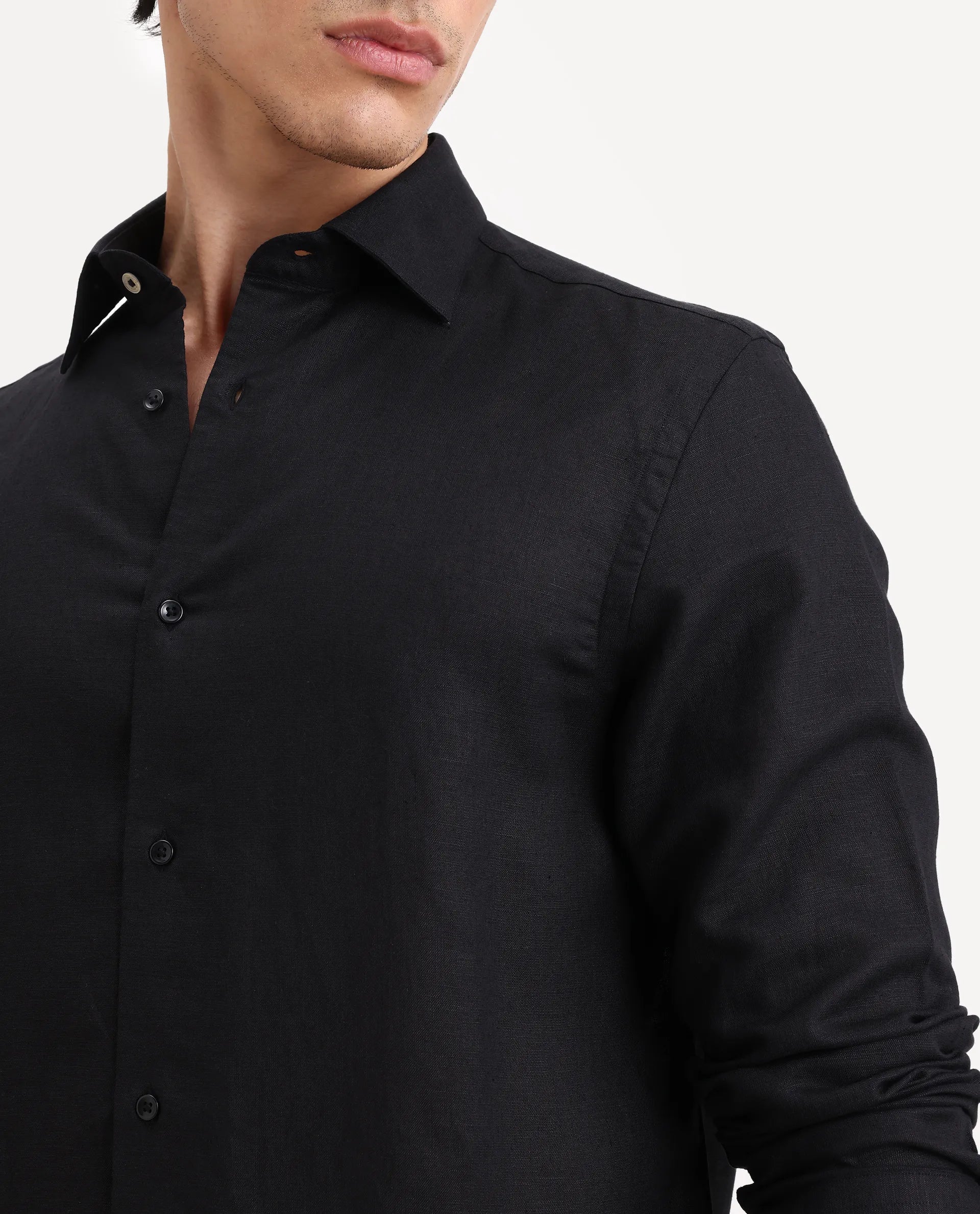 Rare Rabbit Men's Linex Ls Black Linen Blend Fabric Full Sleeve Spread Collar Regular Fit Plain Shirt