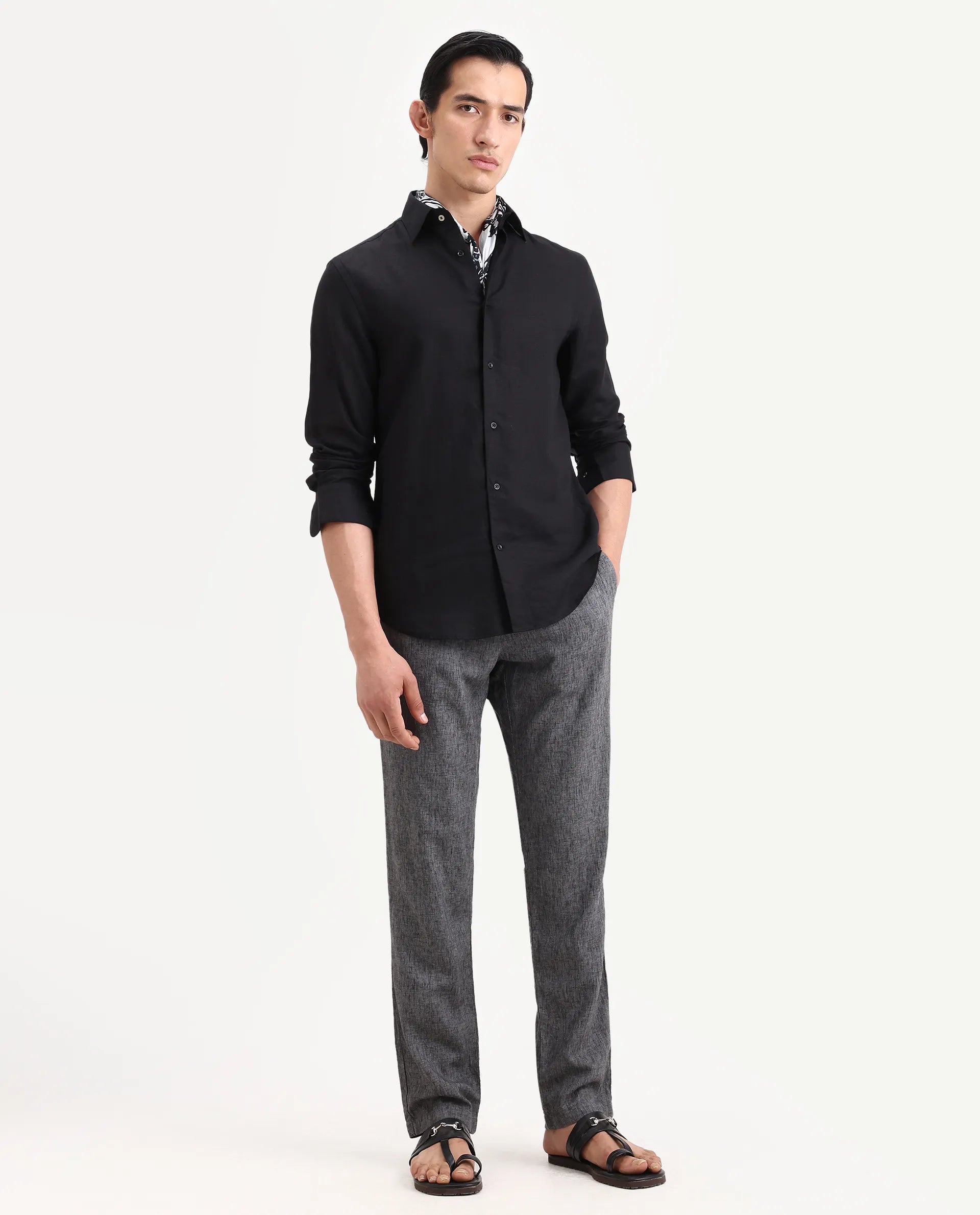 Rare Rabbit Men's Linex Ls Black Linen Blend Fabric Full Sleeve Spread Collar Regular Fit Plain Shirt