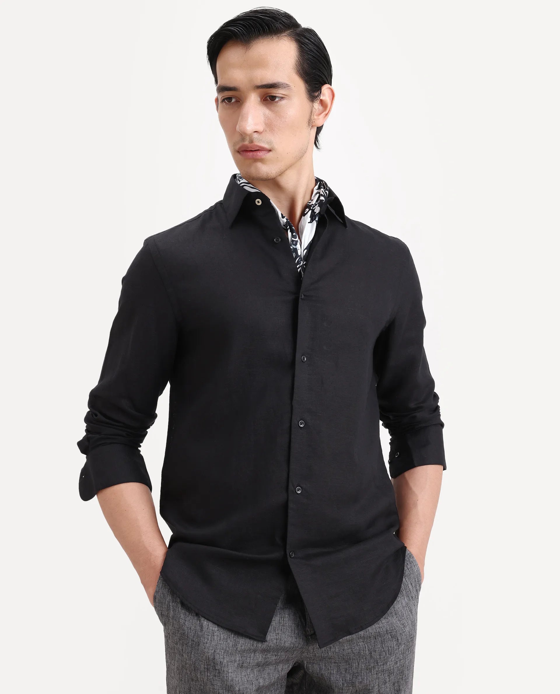 Rare Rabbit Men's Linex Ls Black Linen Blend Fabric Full Sleeve Spread Collar Regular Fit Plain Shirt