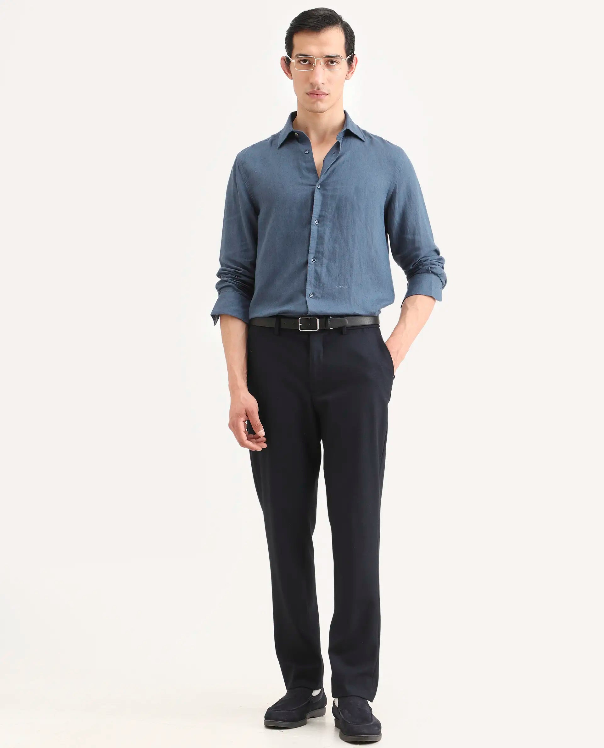 Rare Rabbit Men's Linex Ls Navy Linen Blend Fabric Full Sleeve Spread Collar Regular Fit Plain Shirt