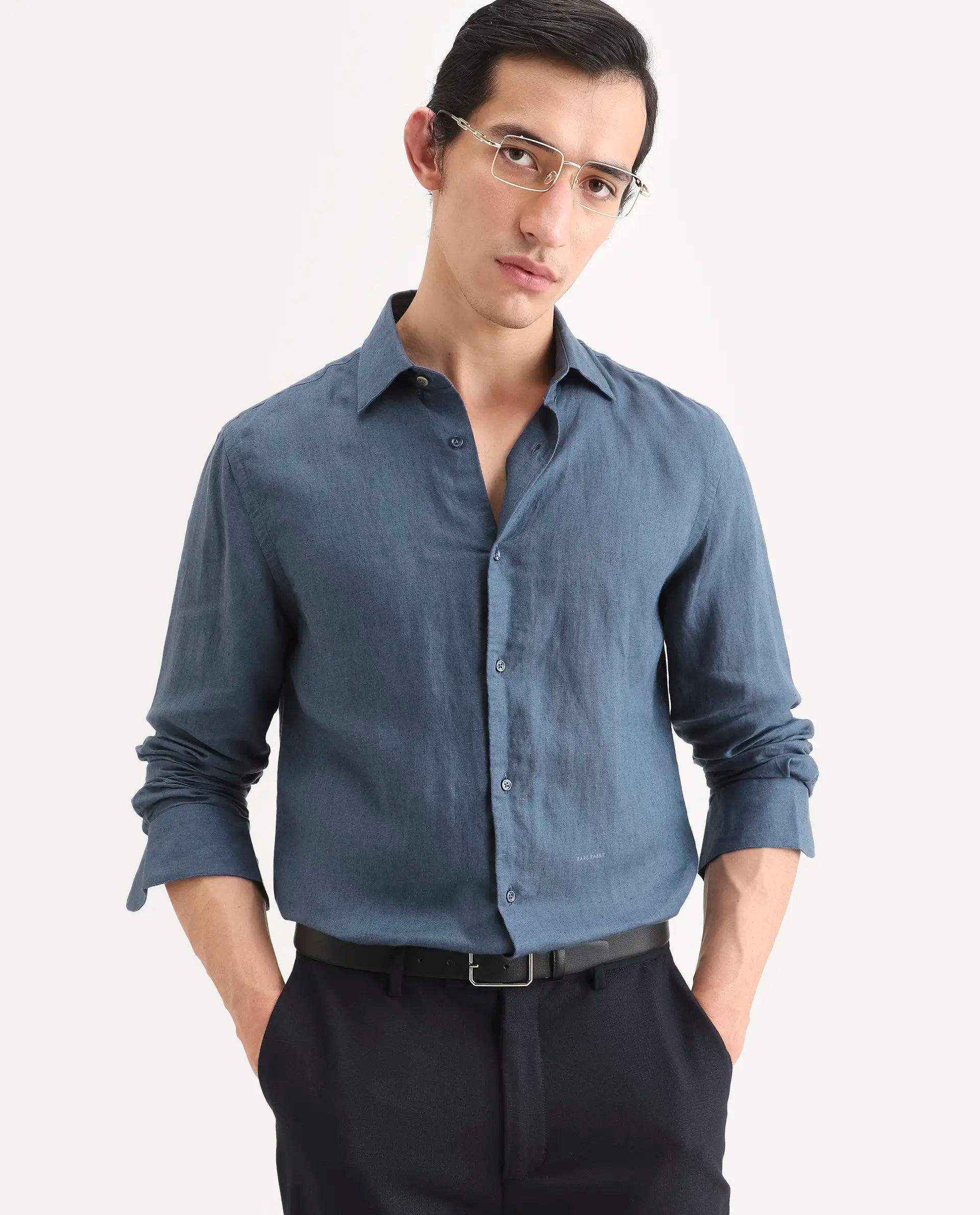 Rare Rabbit Men's Linex Ls Navy Linen Blend Fabric Full Sleeve Spread Collar Regular Fit Plain Shirt