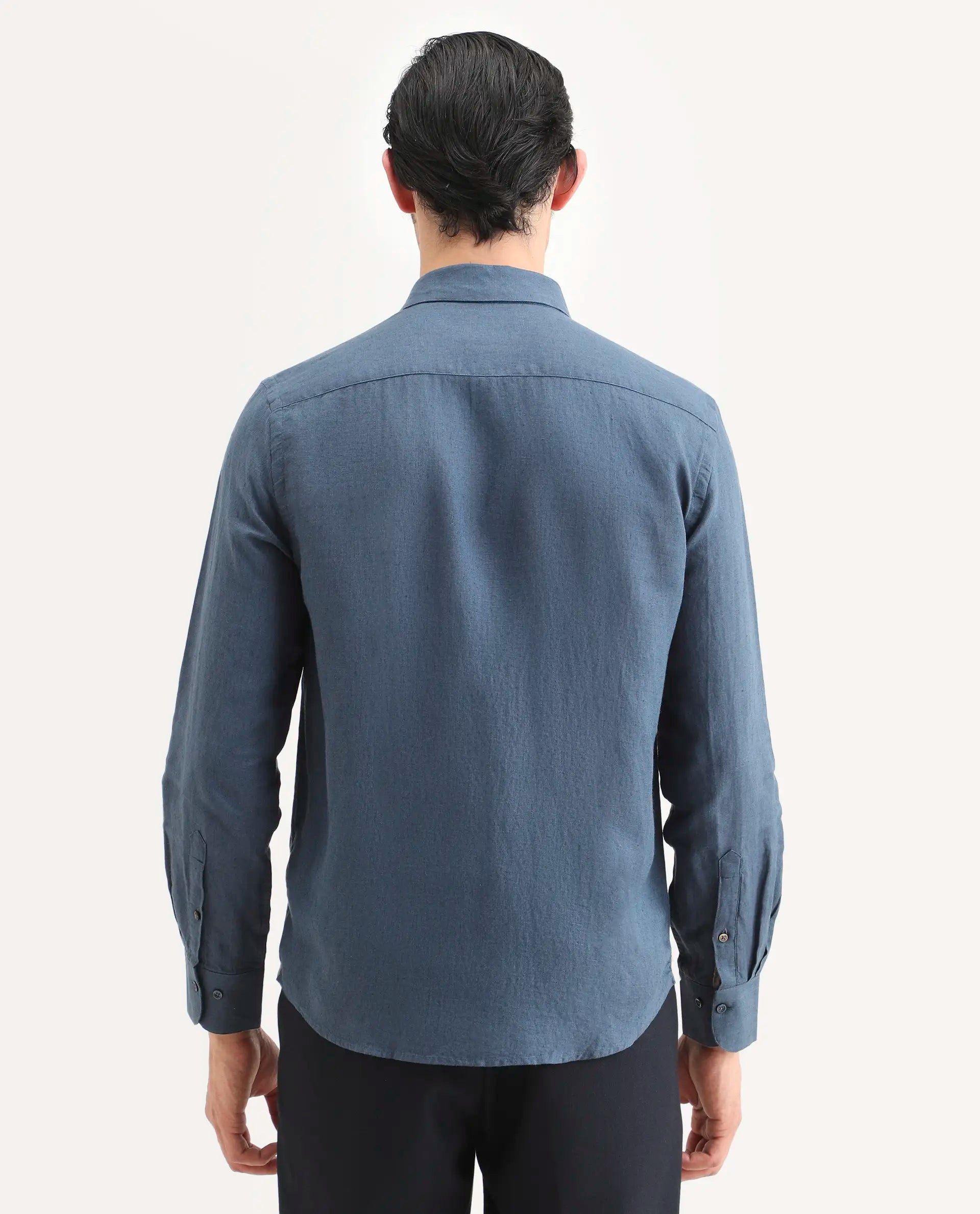 Rare Rabbit Men's Linex Ls Navy Linen Blend Fabric Full Sleeve Spread Collar Regular Fit Plain Shirt
