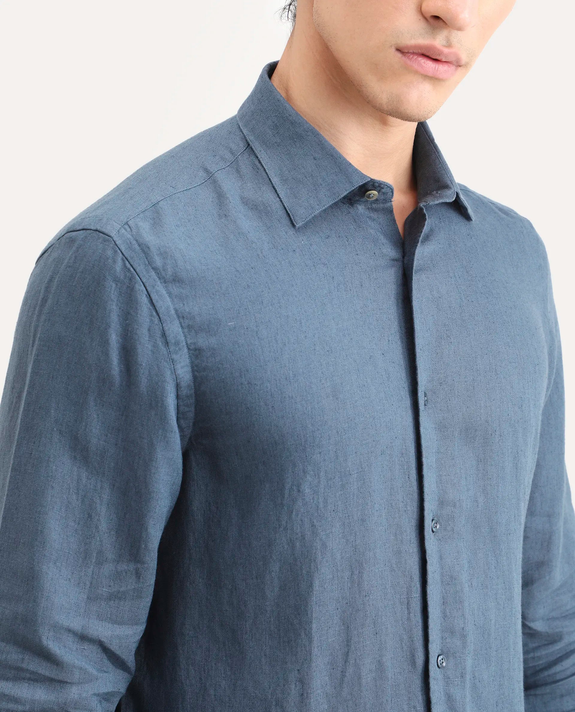 Rare Rabbit Men's Linex Ls Navy Linen Blend Fabric Full Sleeve Spread Collar Regular Fit Plain Shirt
