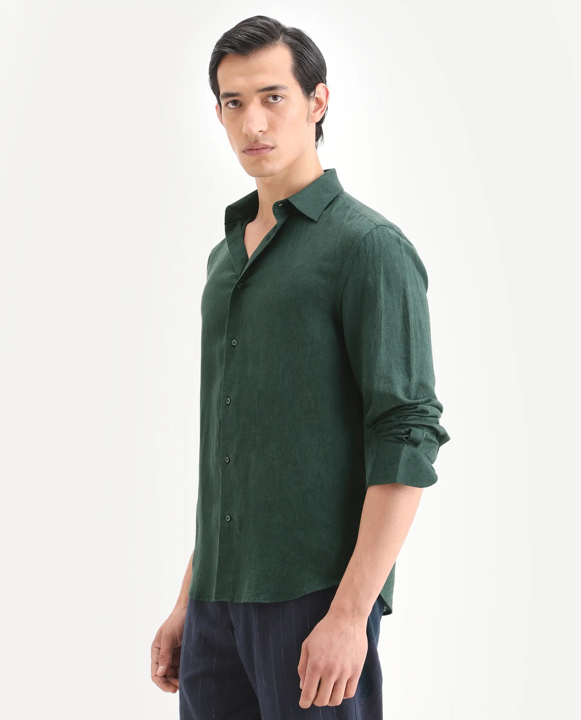 Rare Rabbit Men's Linex Ls Dark Green Linen Blend Fabric Full Sleeve Spread Collar Regular Fit Plain Shirt
