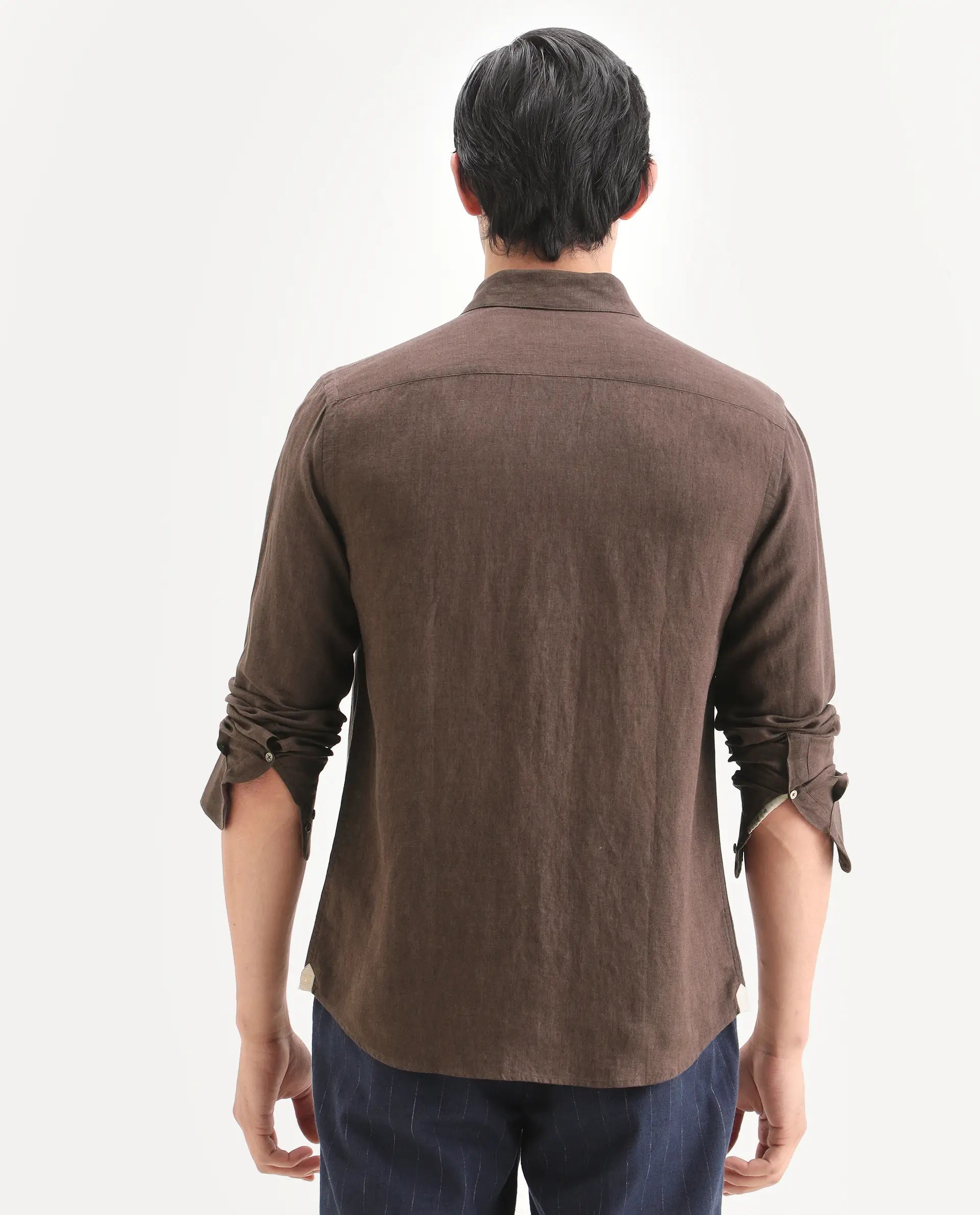 Rare Rabbit Men's Linex Ls Dark Brown Linen Blend Fabric Full Sleeve Spread Collar Regular Fit Plain Shirt