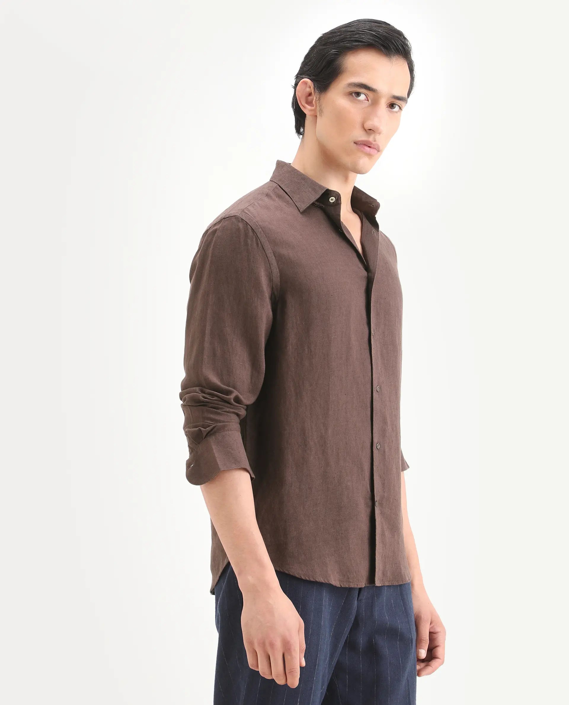 Rare Rabbit Men's Linex Ls Dark Brown Linen Blend Fabric Full Sleeve Spread Collar Regular Fit Plain Shirt