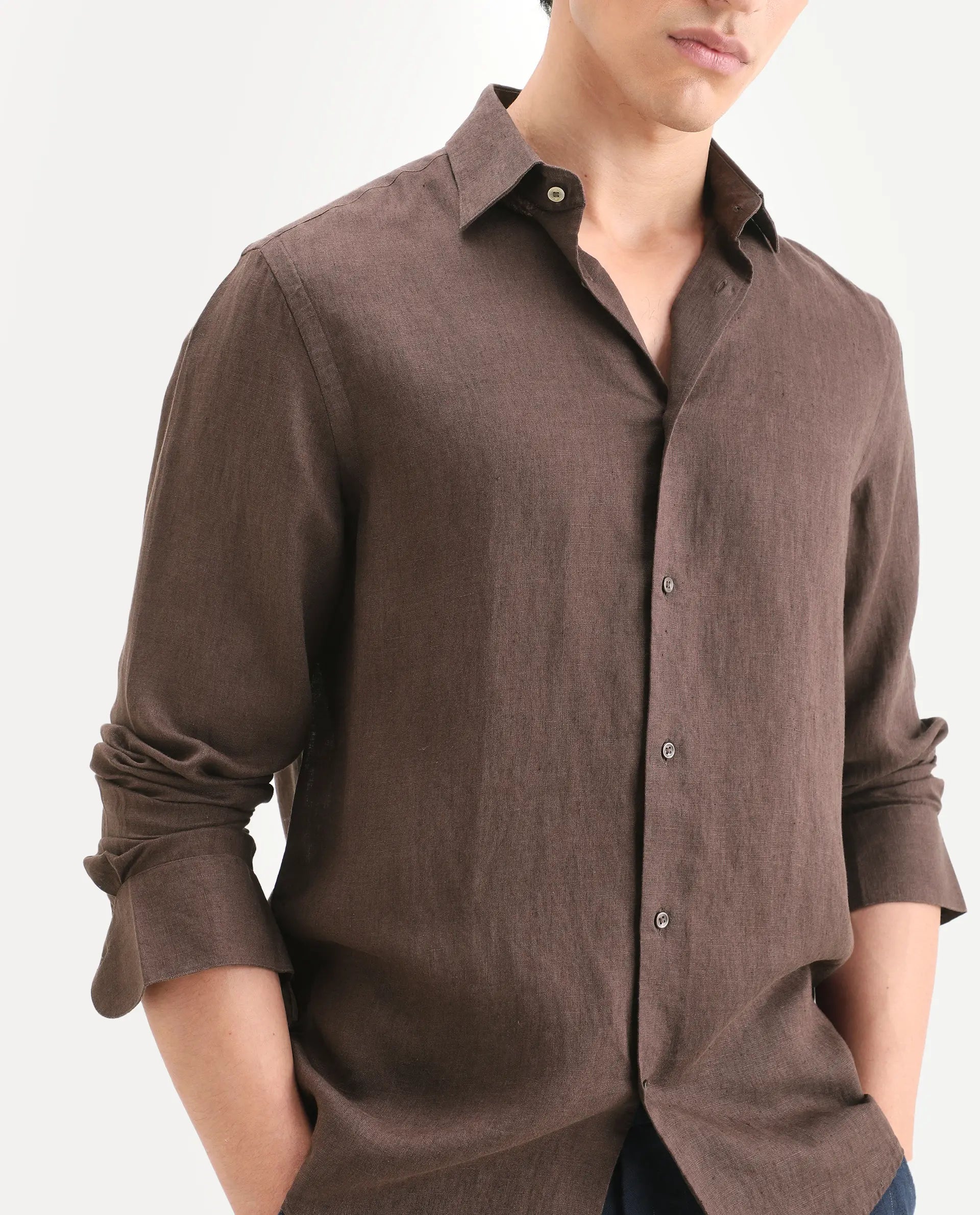 Rare Rabbit Men's Linex Ls Dark Brown Linen Blend Fabric Full Sleeve Spread Collar Regular Fit Plain Shirt