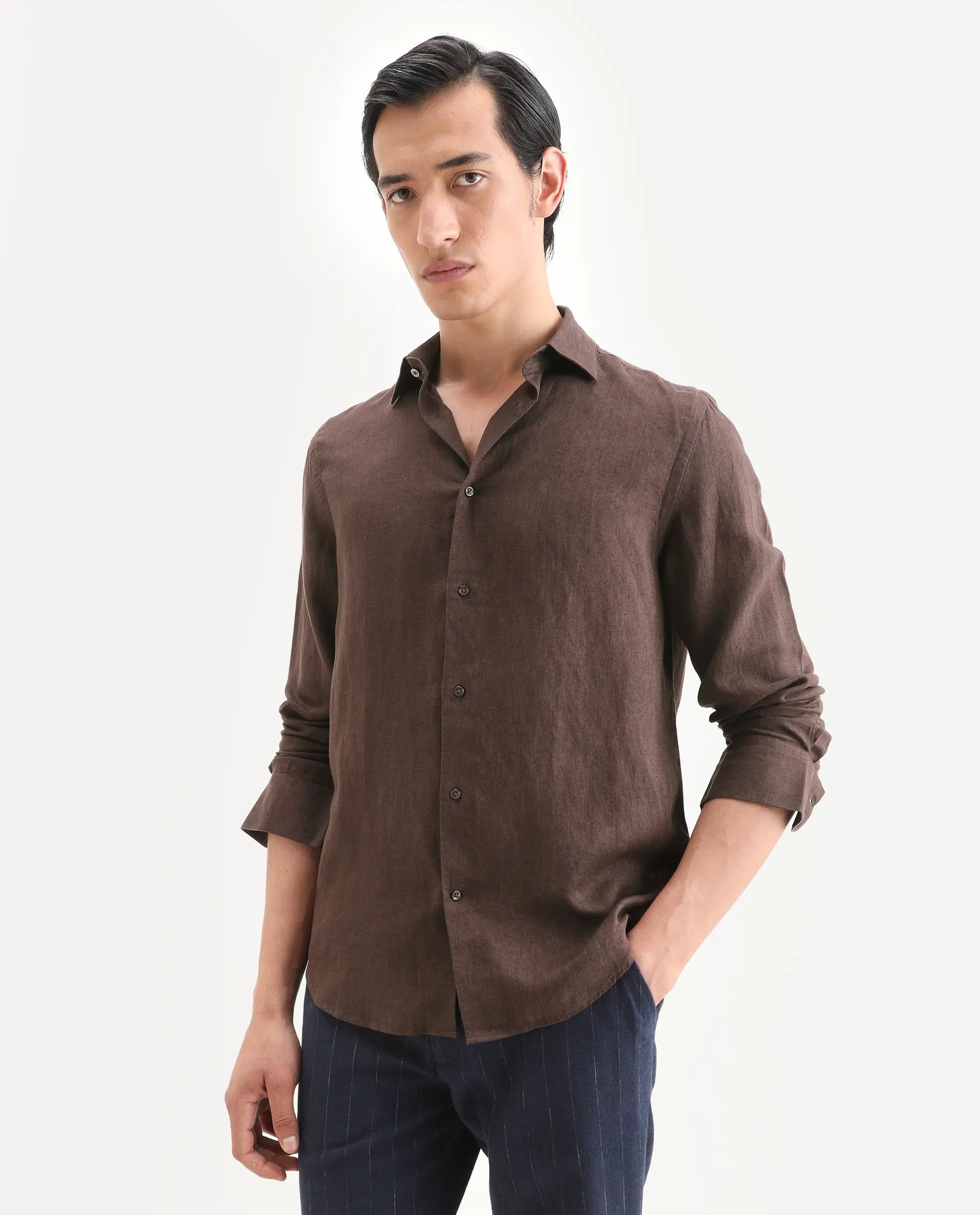 Rare Rabbit Men's Linex Ls Dark Brown Linen Blend Fabric Full Sleeve Spread Collar Regular Fit Plain Shirt