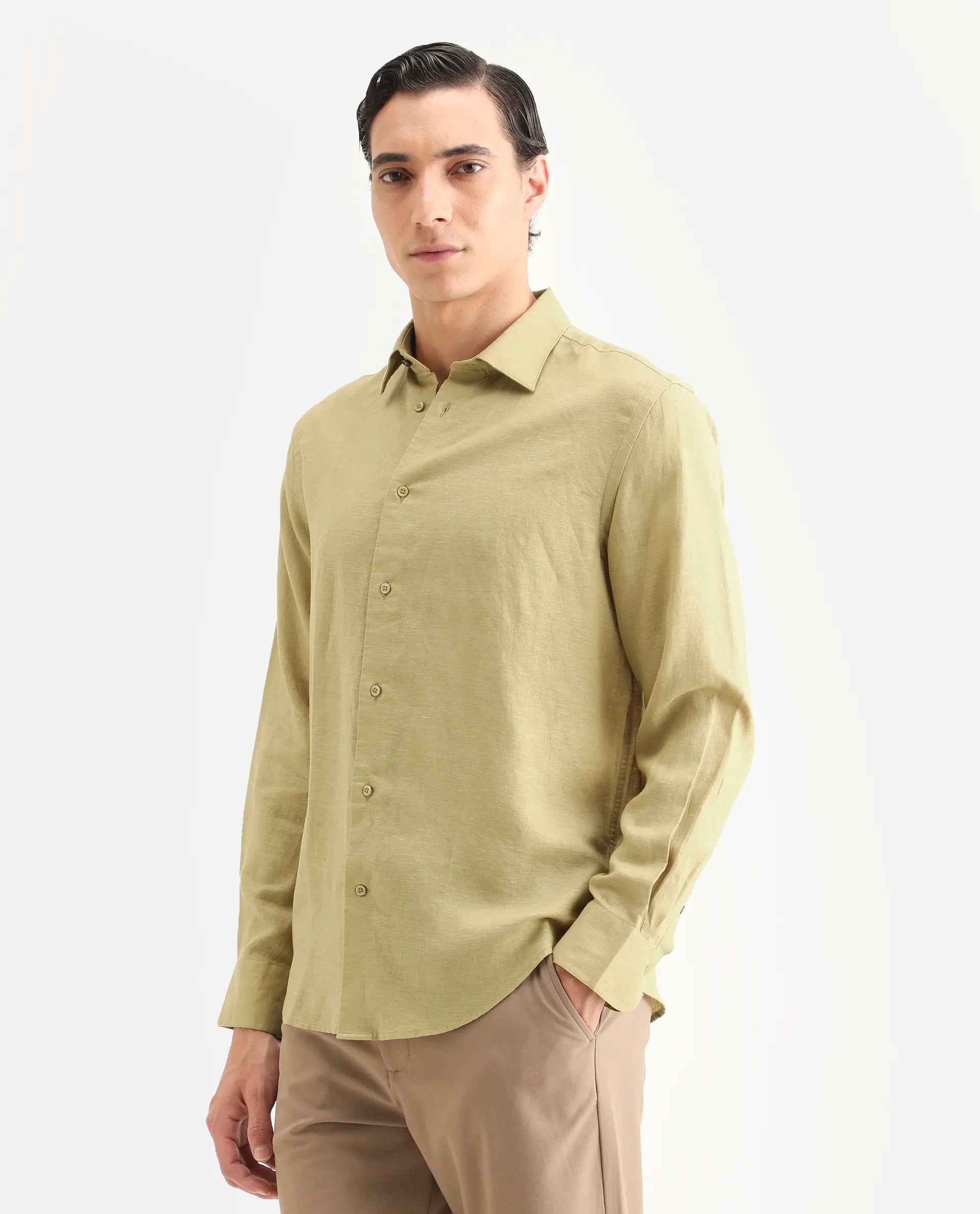Rare Rabbit Men's Linex Ls Dusky Yellow Linen Blend Fabric Full Sleeve Spread Collar Regular Fit Plain Shirt