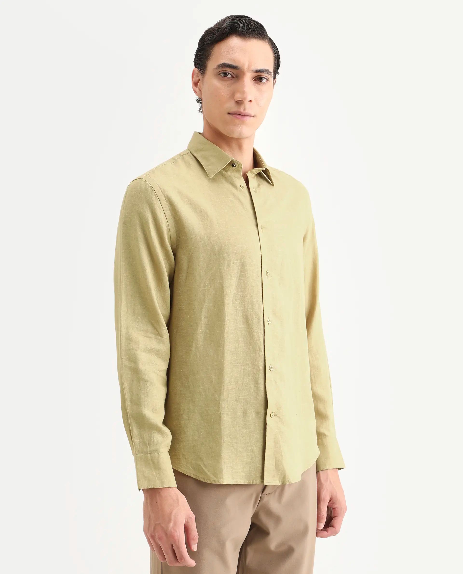 Rare Rabbit Men's Linex Ls Dusky Yellow Linen Blend Fabric Full Sleeve Spread Collar Regular Fit Plain Shirt