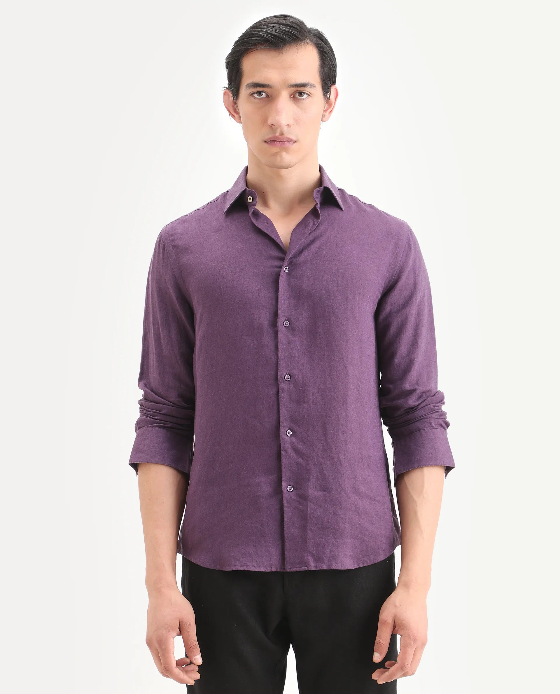 Rare Rabbit Men's Linex Ls Dark Purple Linen Blend Fabric Full Sleeve Spread Collar Regular Fit Plain Shirt