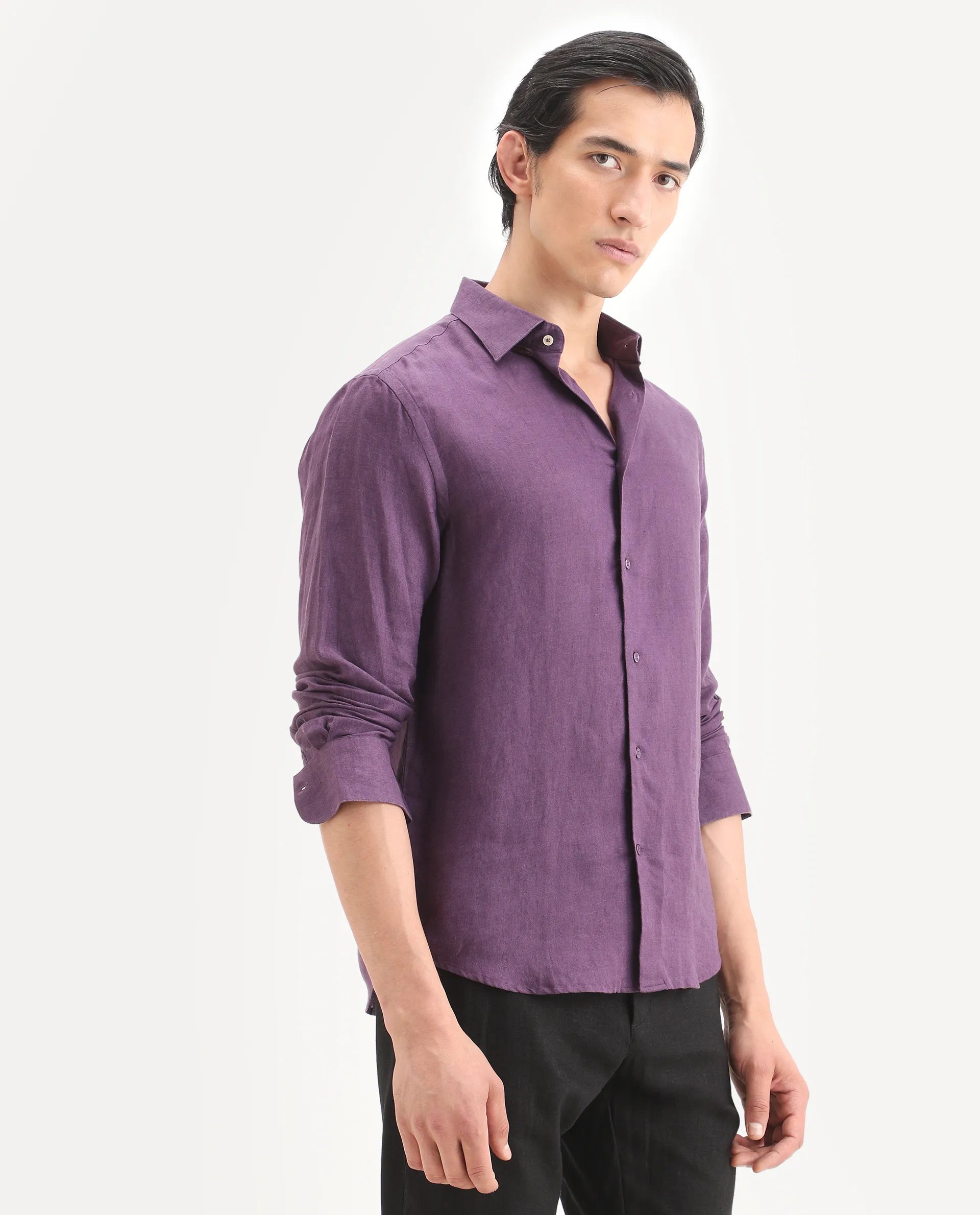 Rare Rabbit Men's Linex Ls Dark Purple Linen Blend Fabric Full Sleeve Spread Collar Regular Fit Plain Shirt