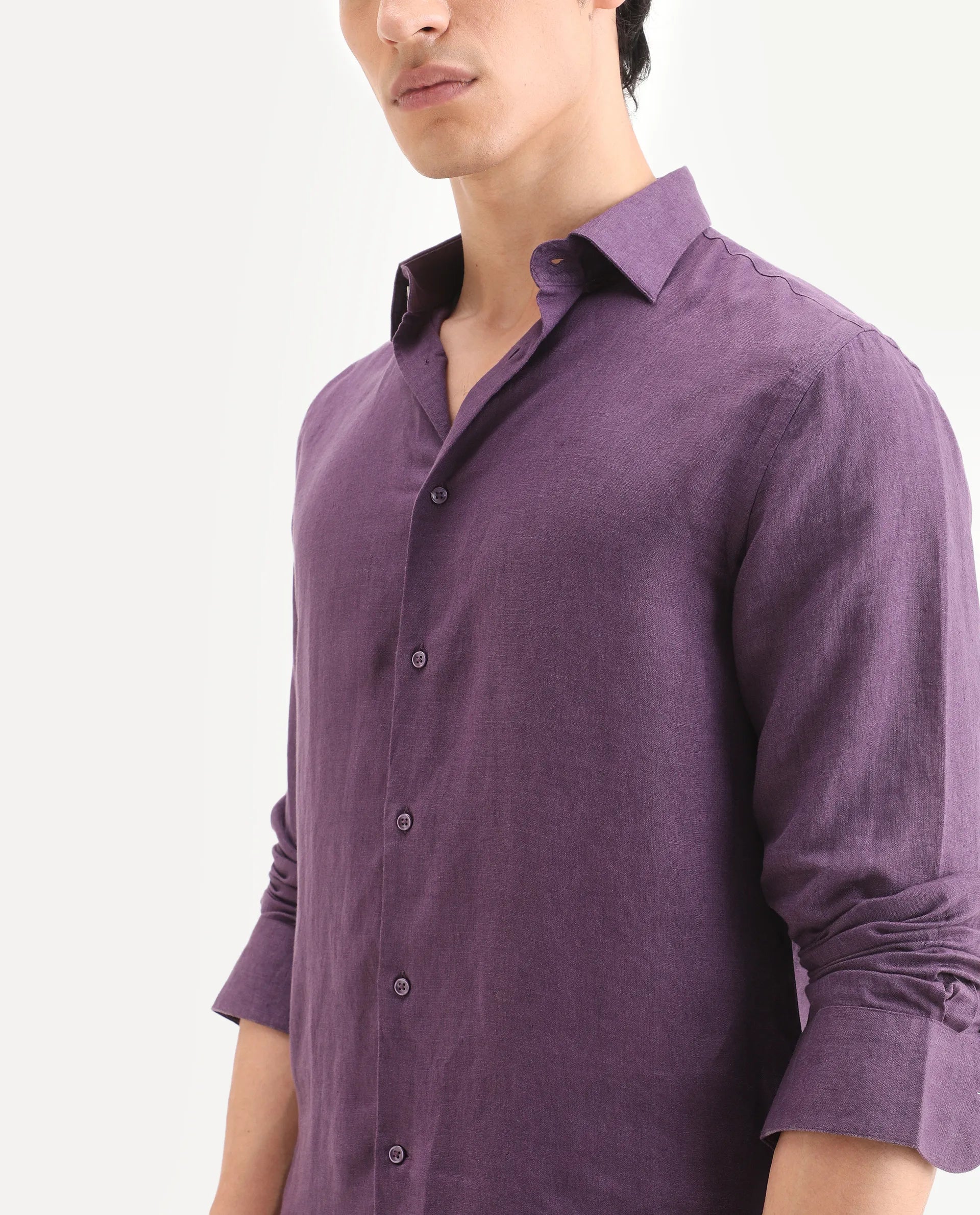 Rare Rabbit Men's Linex Ls Dark Purple Linen Blend Fabric Full Sleeve Spread Collar Regular Fit Plain Shirt
