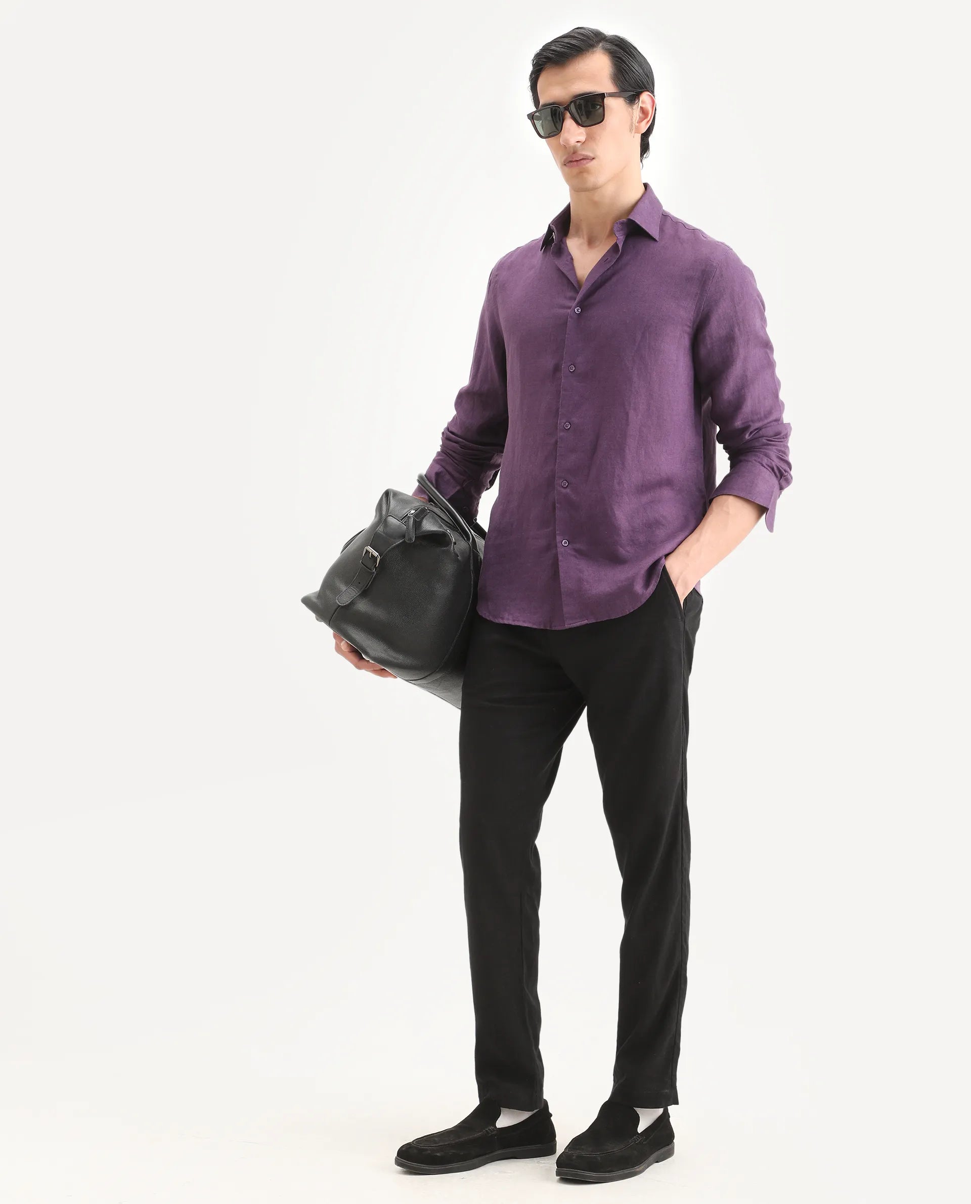 Rare Rabbit Men's Linex Ls Dark Purple Linen Blend Fabric Full Sleeve Spread Collar Regular Fit Plain Shirt