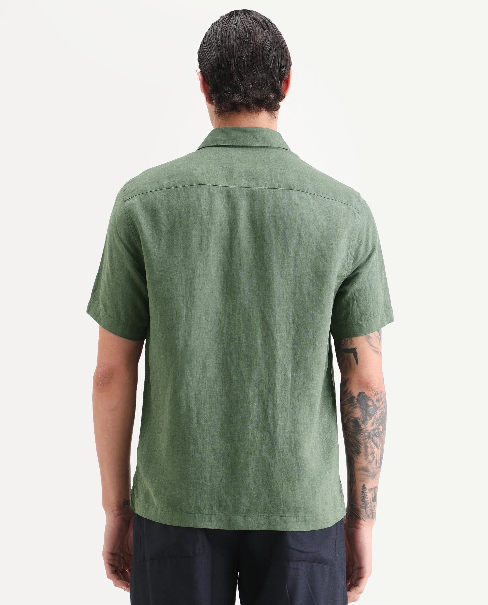 Rare Rabbit Men's Linex Ss Green Linen Blend Fabric Half Sleeve Spread Collar Regular Plain Shirt