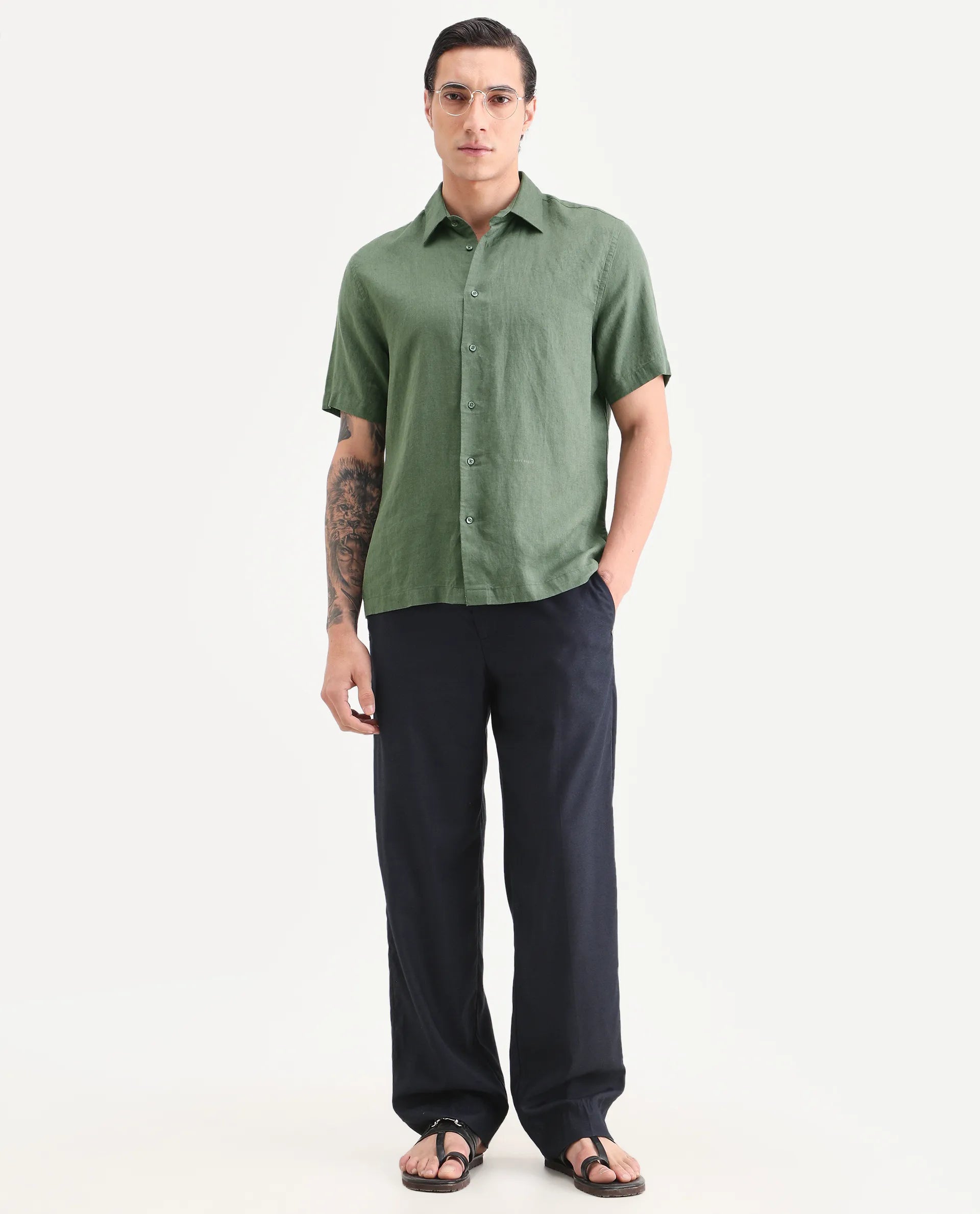 Rare Rabbit Men's Linex Ss Green Linen Blend Fabric Half Sleeve Spread Collar Regular Plain Shirt