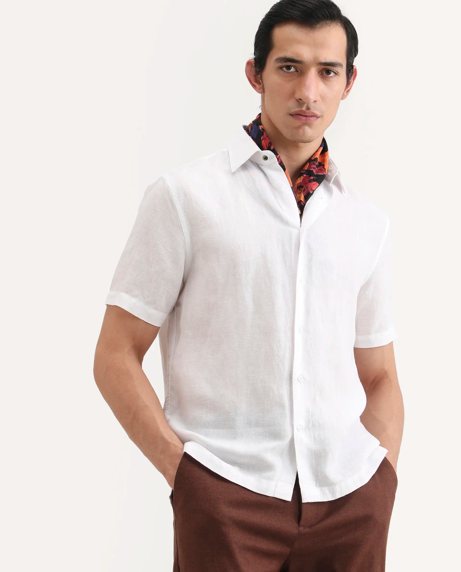 Rare Rabbit Men's Linex Ss White Linen Blend Fabric Half Sleeve Spread Collar Regular Fit Plain Shirt