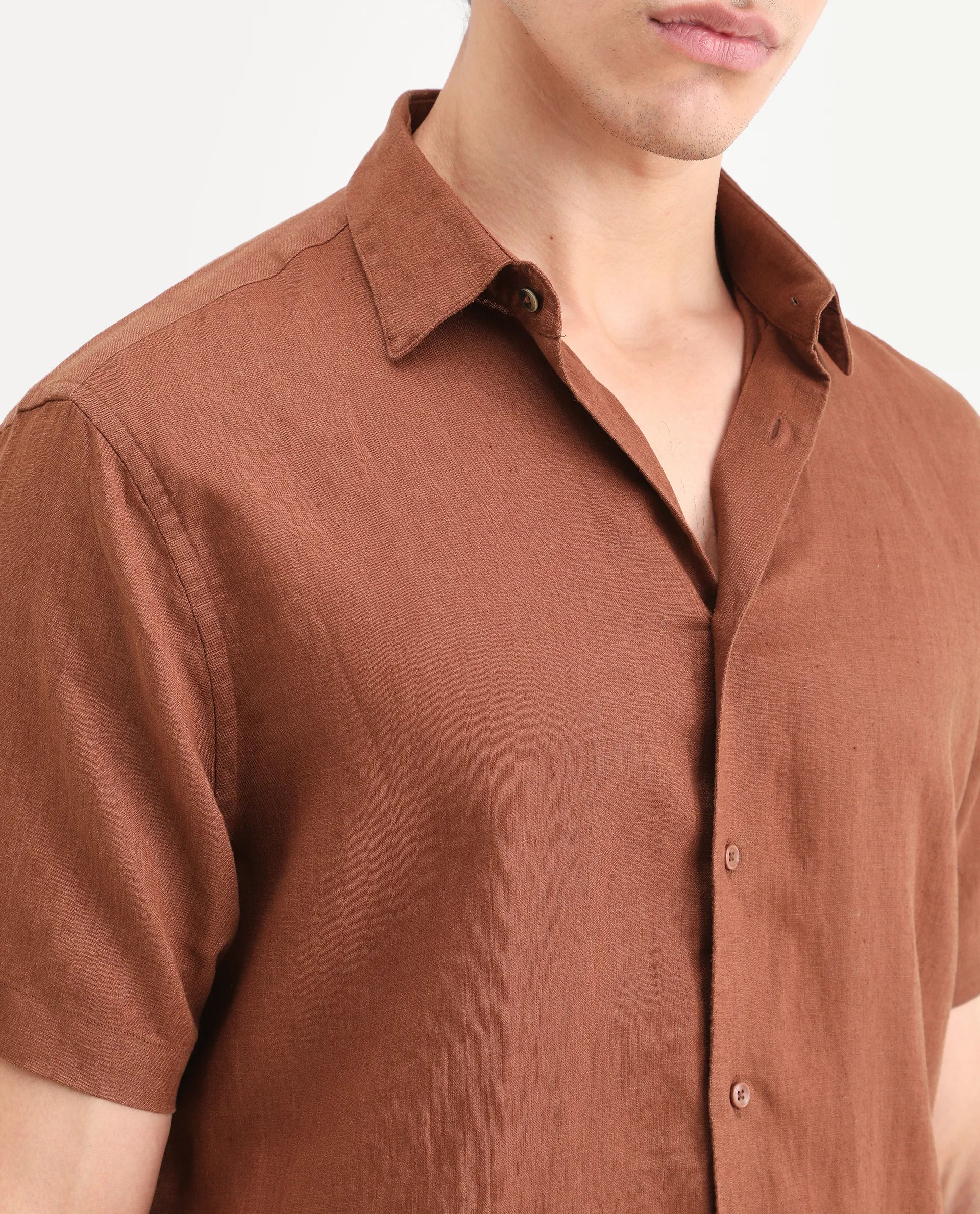 Rare Rabbit Men's Linex Ss Rust Linen Blend Fabric Half Sleeve Spread Collar Regular Plain Shirt