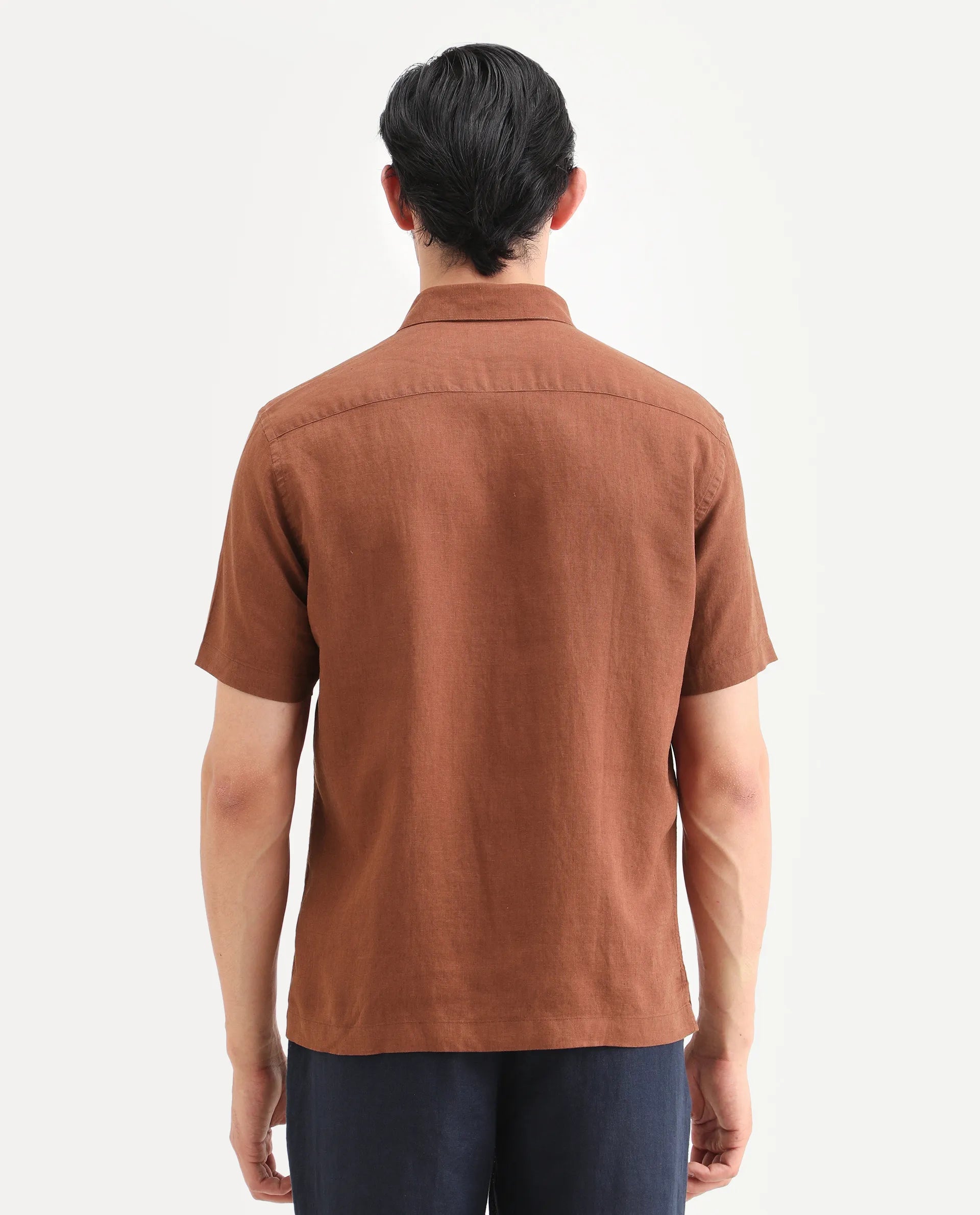 Rare Rabbit Men's Linex Ss Rust Linen Blend Fabric Half Sleeve Spread Collar Regular Plain Shirt