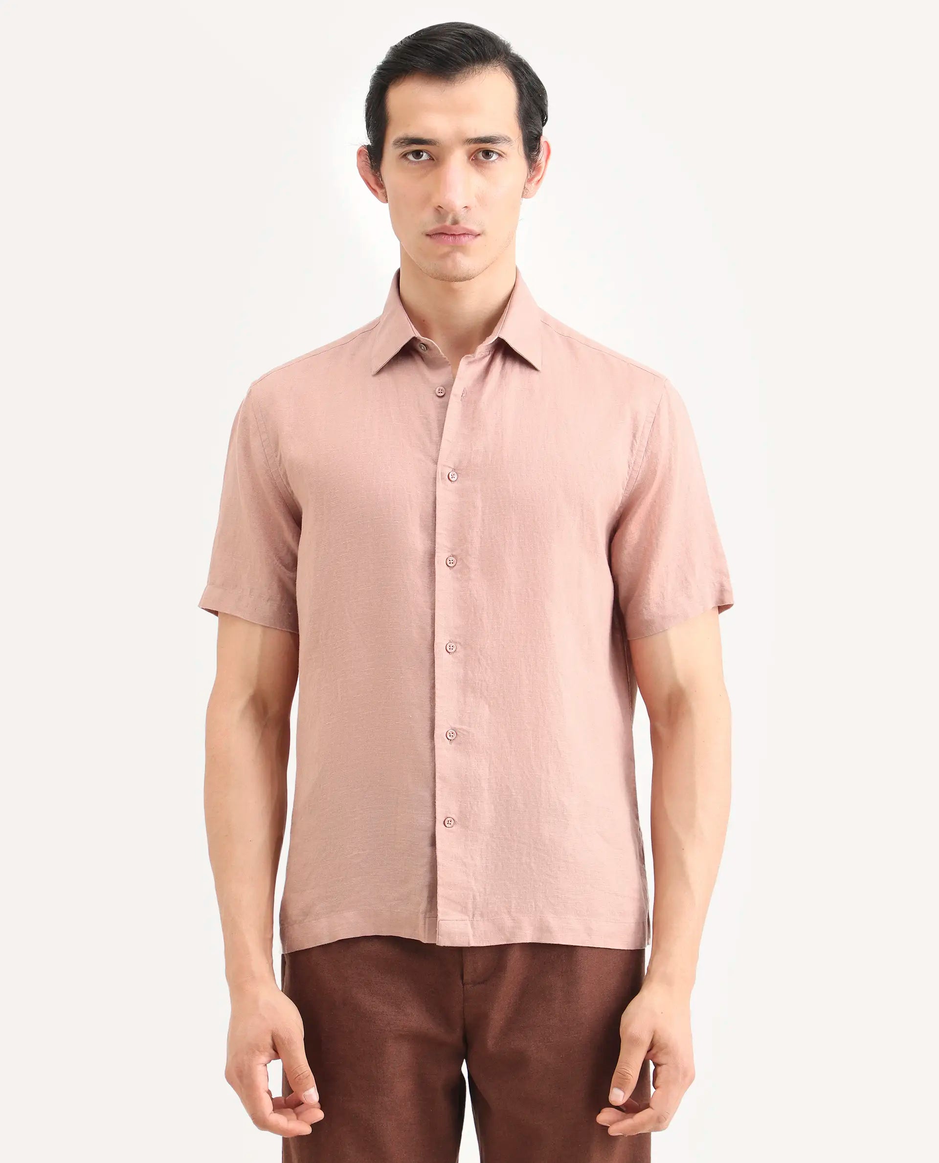 Rare Rabbit Men's Linex Ss Dusky Peach Linen Blend Fabric Half Sleeve Spread Collar Regular Plain Shirt