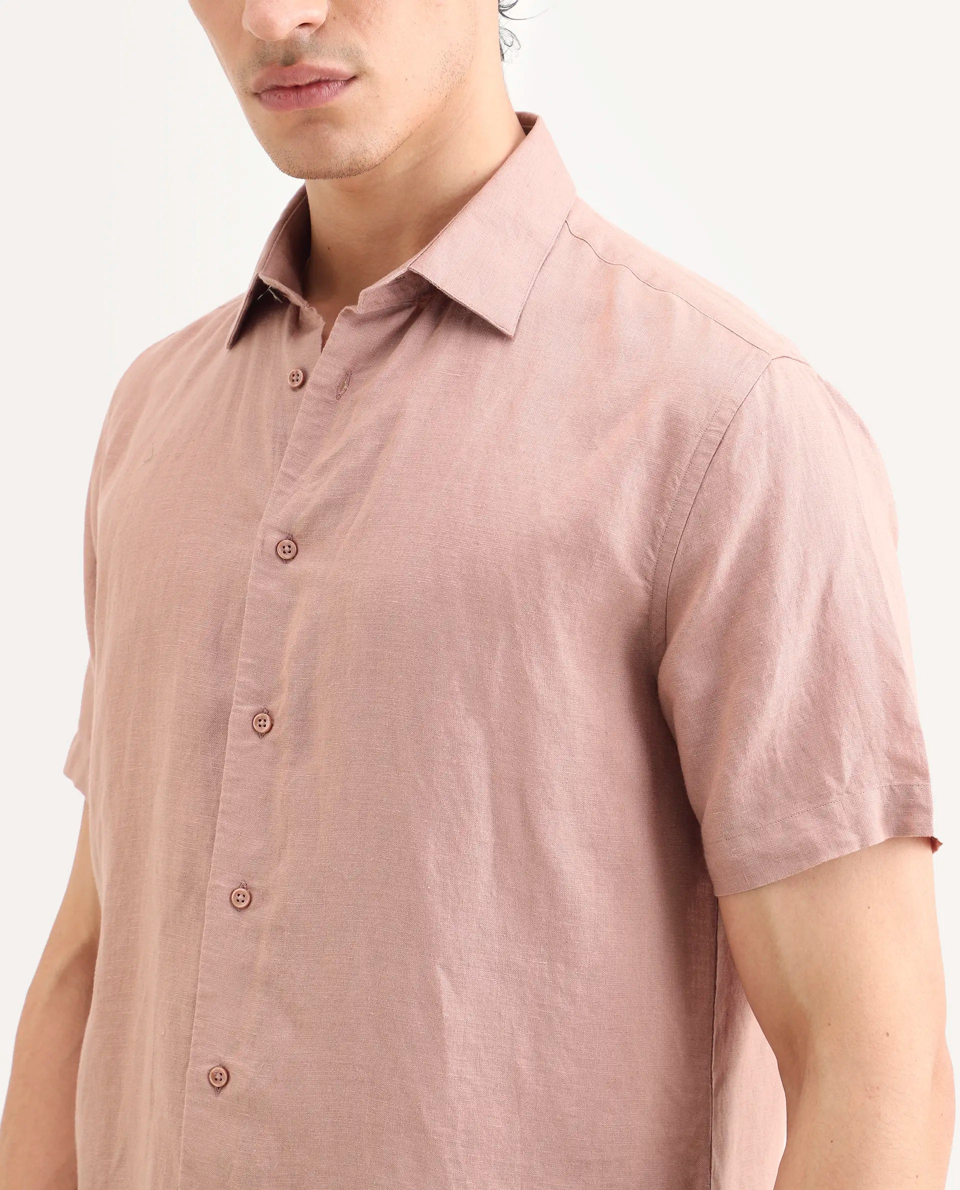 Rare Rabbit Men's Linex Ss Dusky Peach Linen Blend Fabric Half Sleeve Spread Collar Regular Plain Shirt