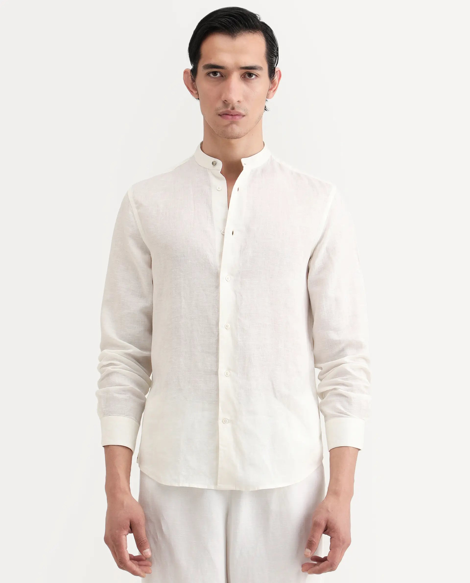 Rare Rabbit Men's Cinex 26 Off White Linen Blend Fabric Full Sleeve Regular Fit Shirt