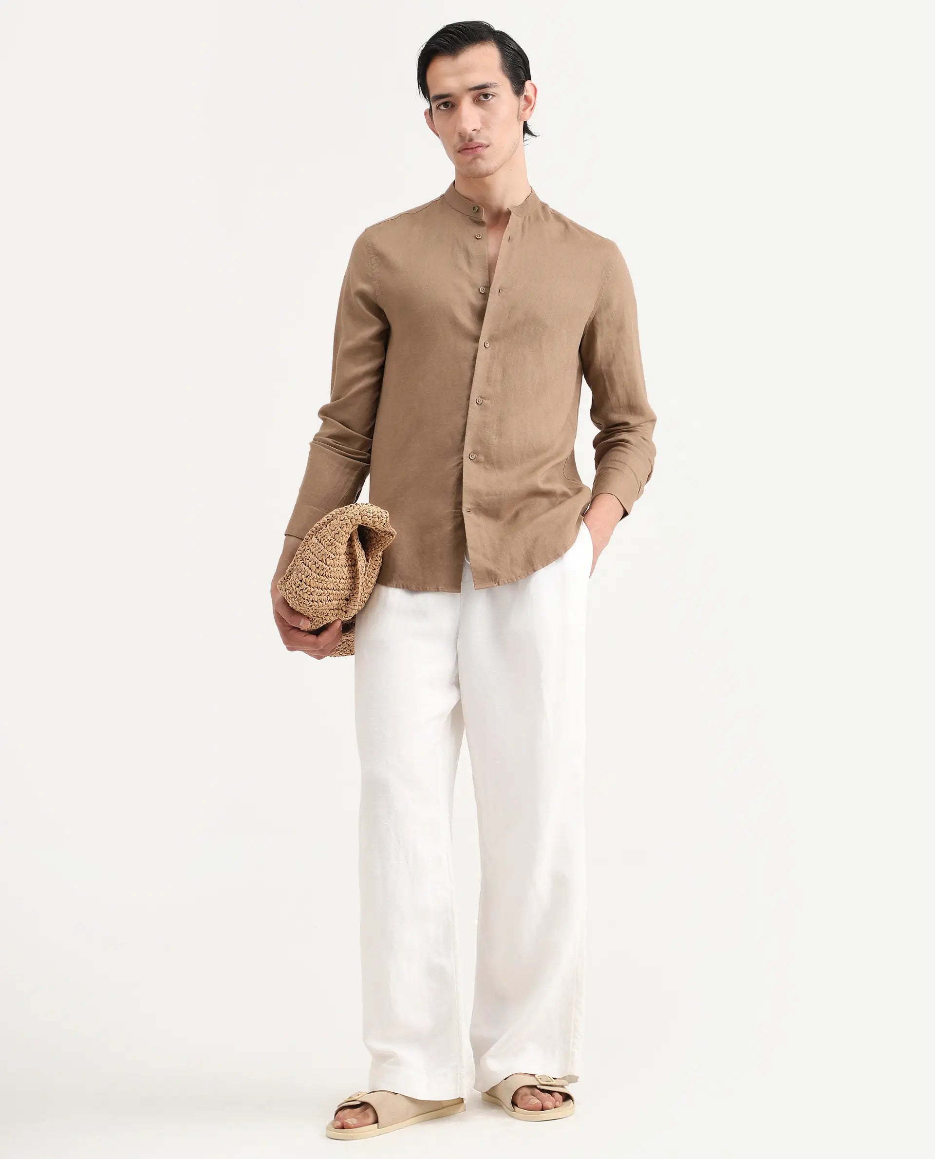 Rare Rabbit Men's Cinex 26 Light Brown Linen Blend Fabric Full Sleeve Regular Fit Plain Shirt
