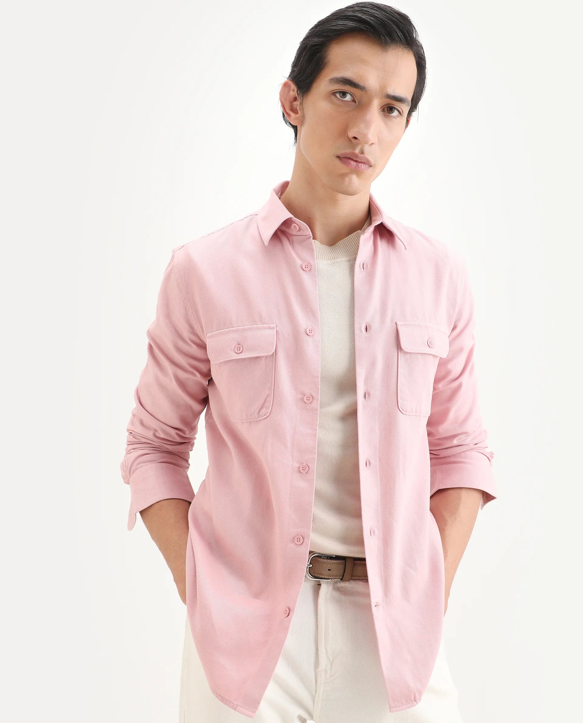 Rare Rabbit Men's Lyton-Ss26 Pastel Pink Lyocell Blend Fabric Full Sleeve Spread Collar Regular Fit Plain Shirt