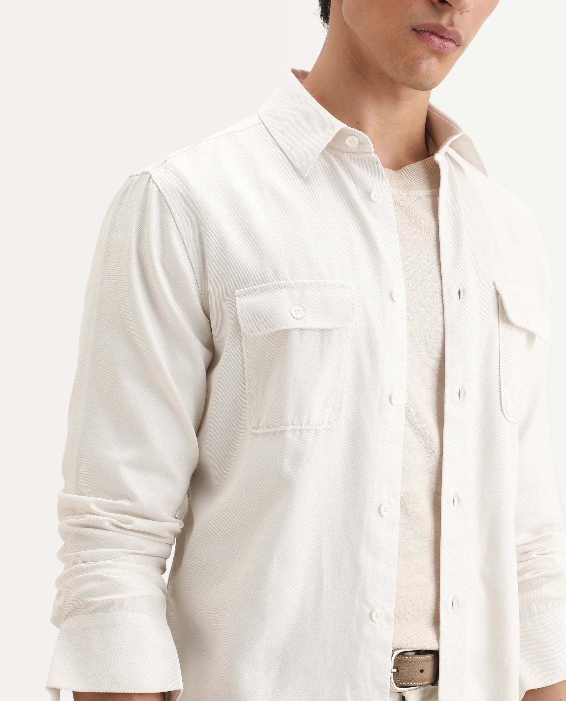 Rare Rabbit Men's Lyton-Ss26 Off White Lyocell Blend Fabric Full Sleeve Spread Collar Regular Fit Plain Shirt