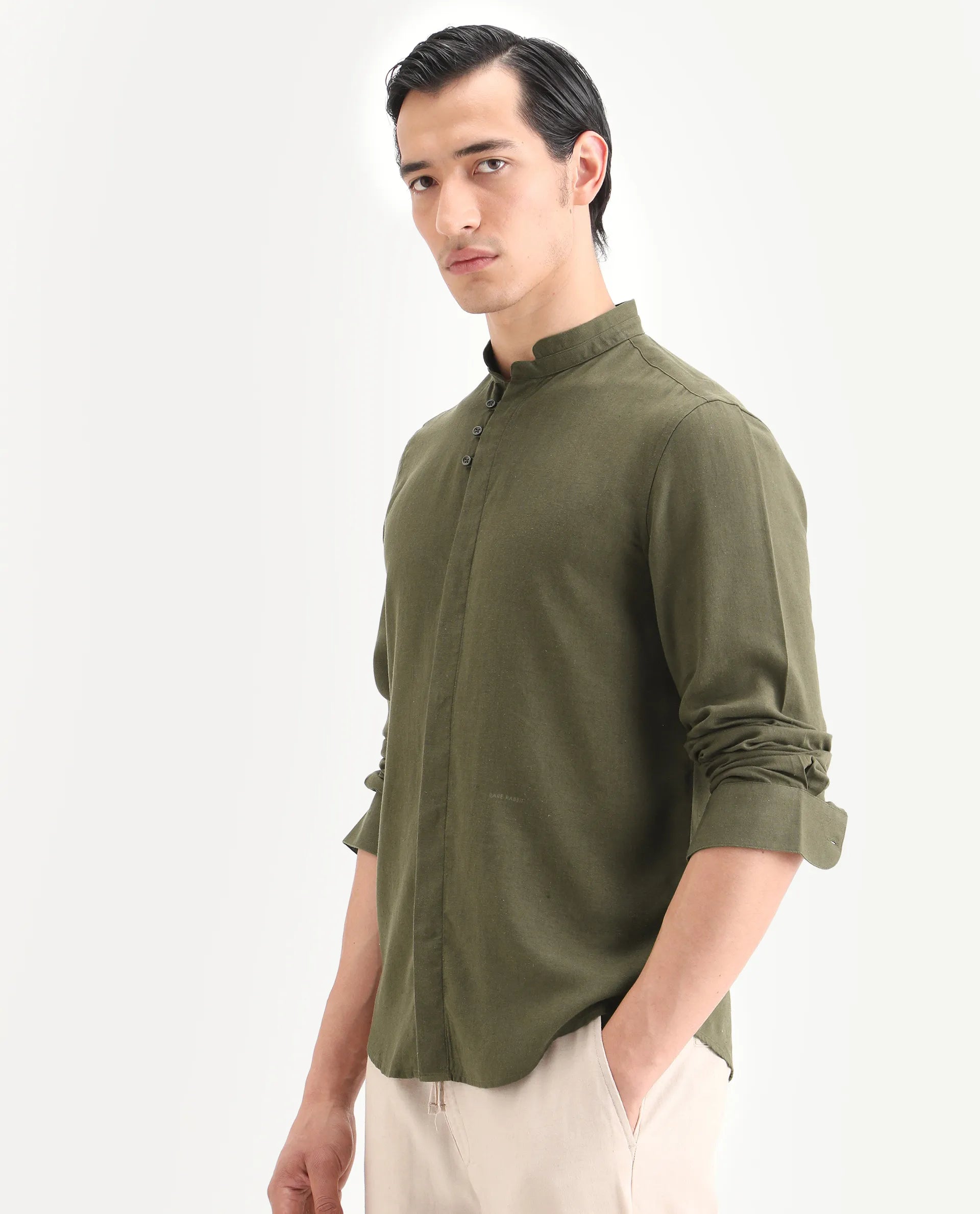 Rare Rabbit Men's Throne-26 Dark Olive Linen Blend Fabric Full Sleeve Mandarin Collar Regular Fit Plain Shirt