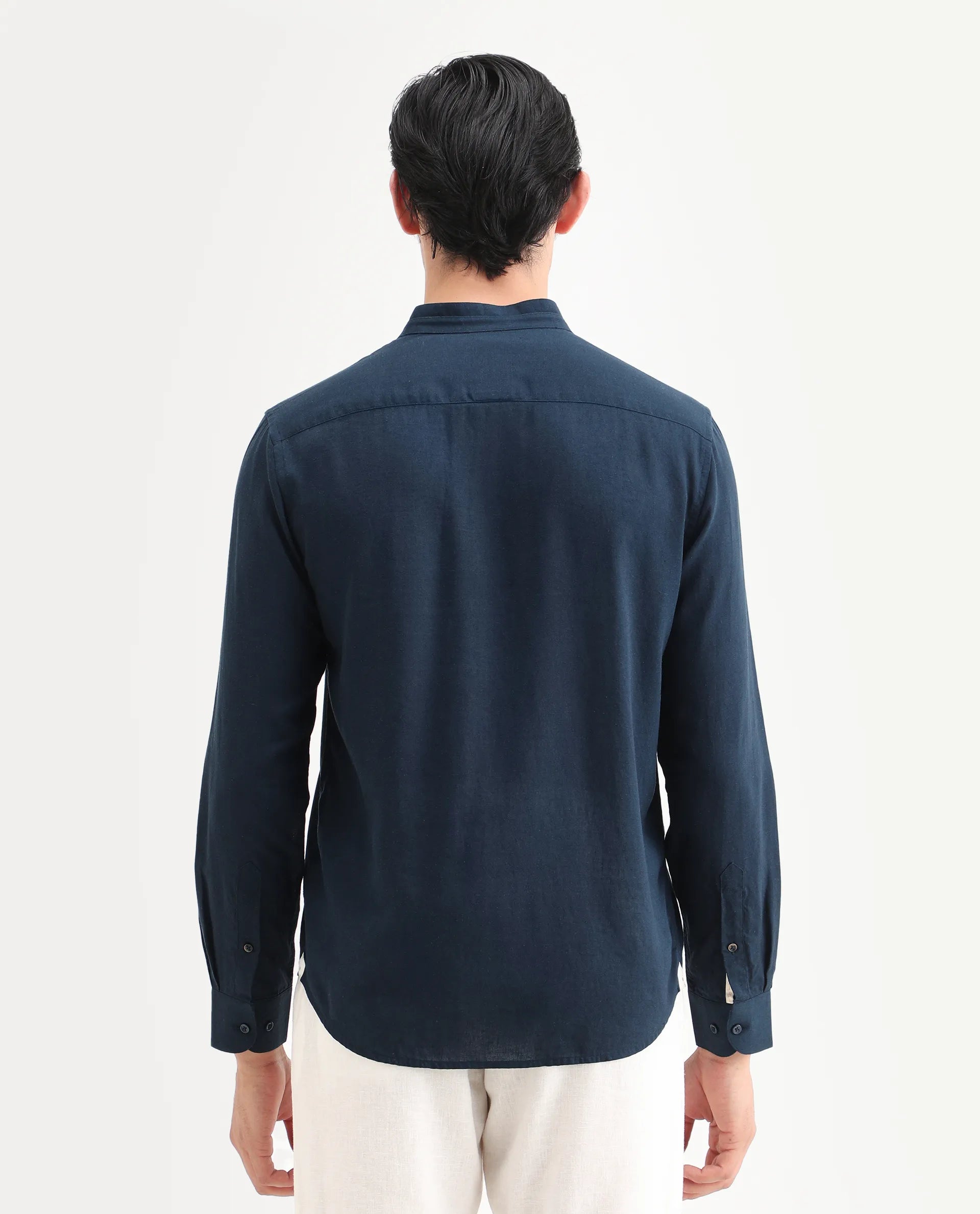 Rare Rabbit Men's Throne-26 Dark Navy Linen Blend Fabric Full Sleeve Mandarin Collar Regular Fit Plain Shirt