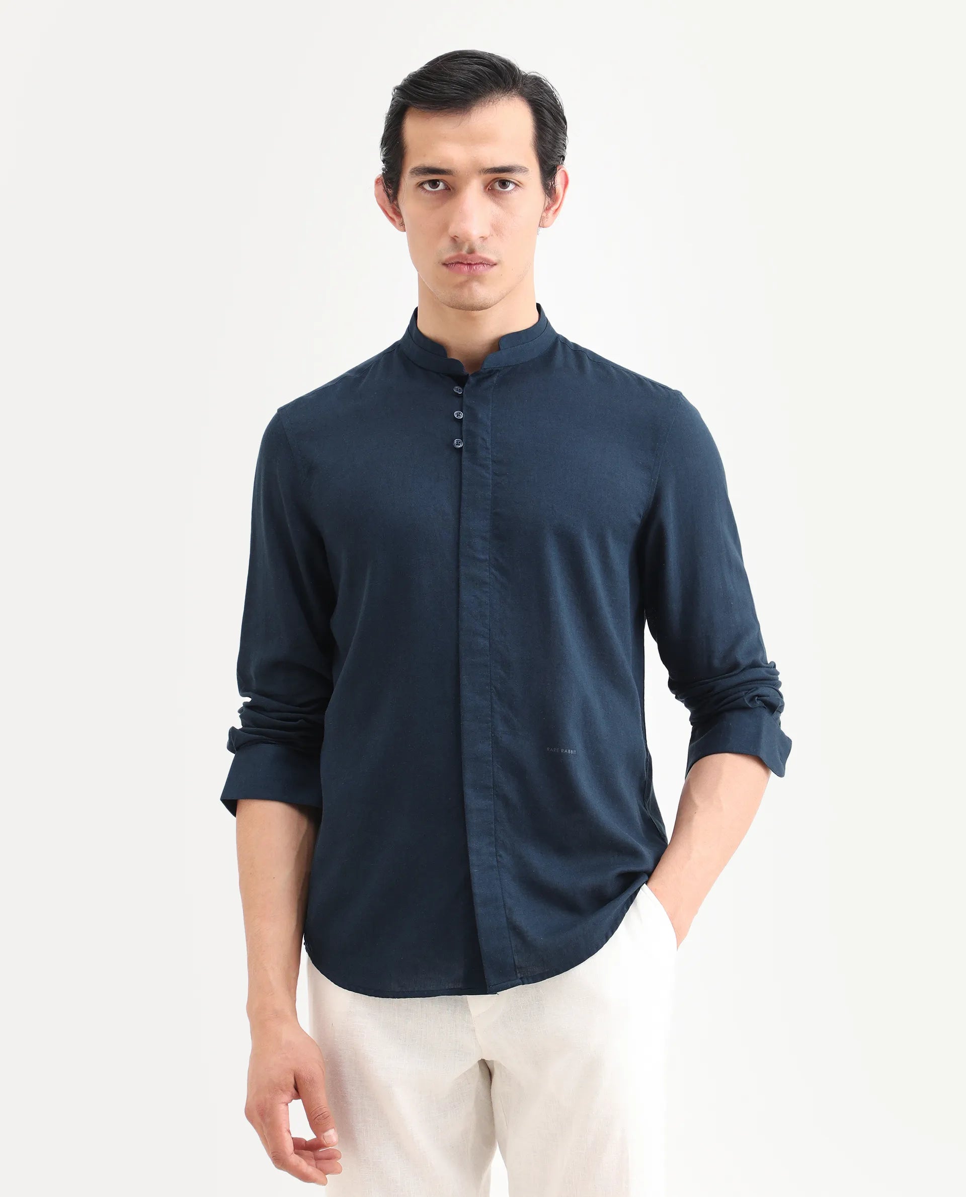Rare Rabbit Men's Throne-26 Dark Navy Linen Blend Fabric Full Sleeve Mandarin Collar Regular Fit Plain Shirt