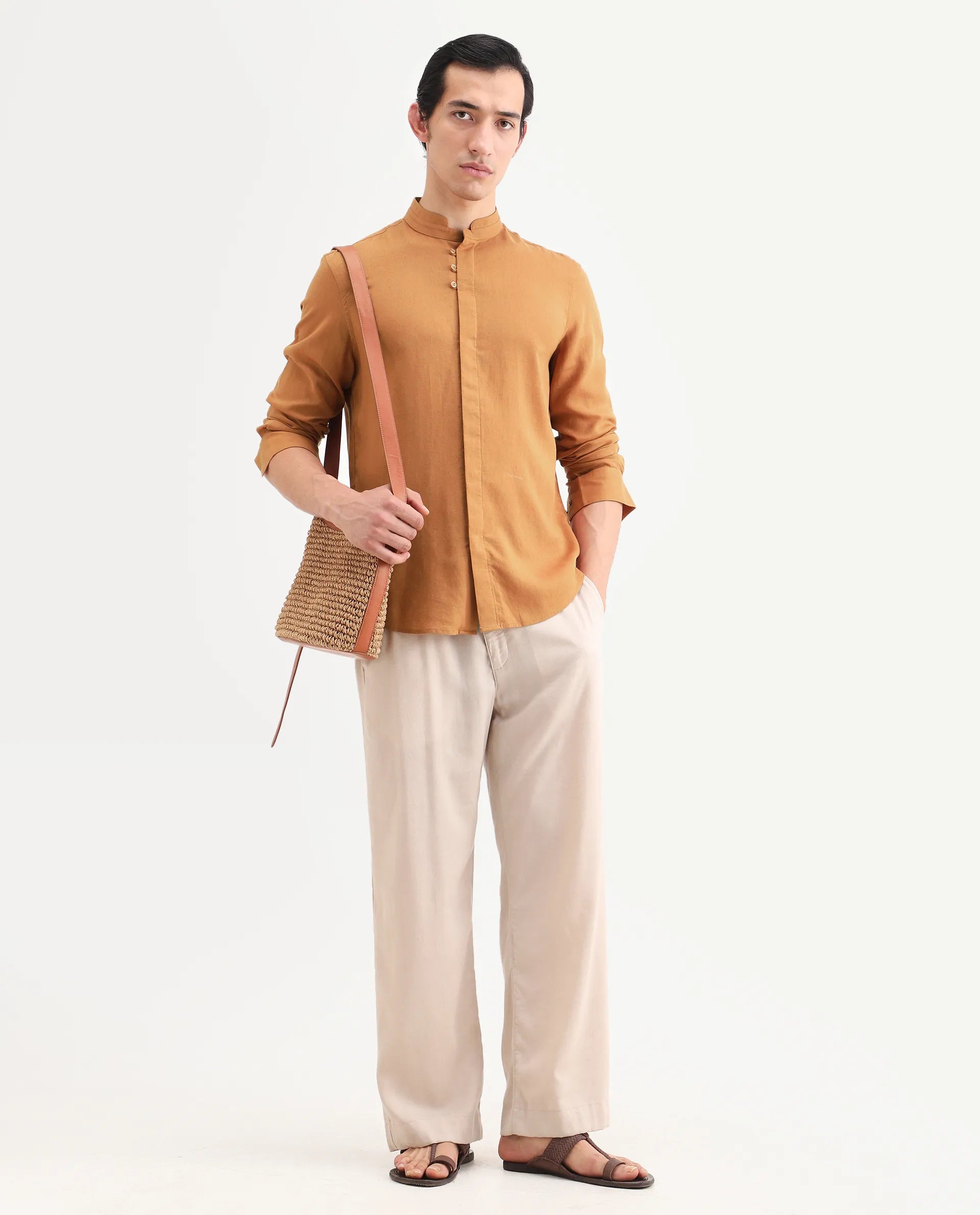 Rare Rabbit Men's Throne-26 Mustard Linen Blend Fabric Full Sleeve Mandarin Collar Regular Fit Plain Shirt