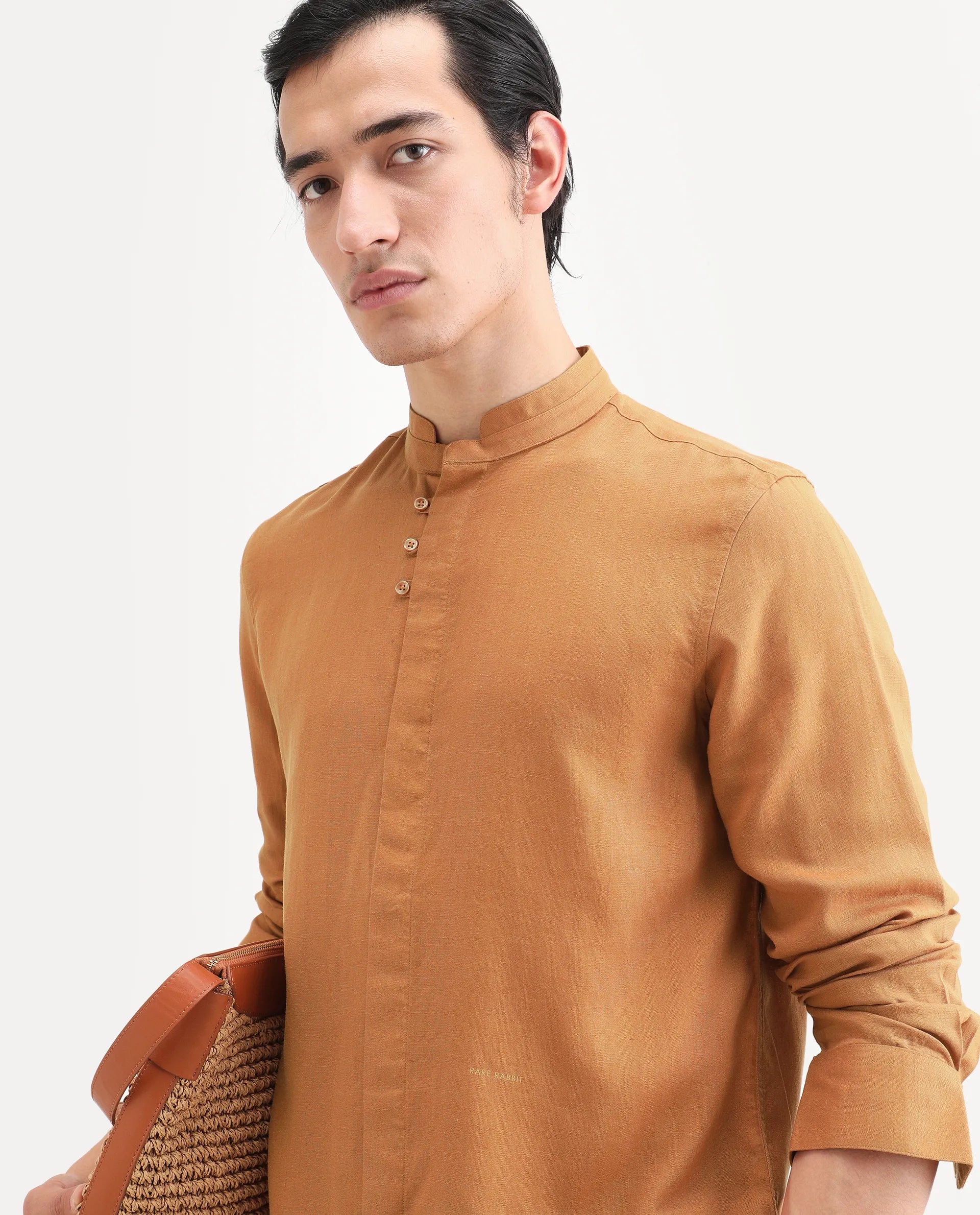 Rare Rabbit Men's Throne-26 Mustard Linen Blend Fabric Full Sleeve Mandarin Collar Regular Fit Plain Shirt
